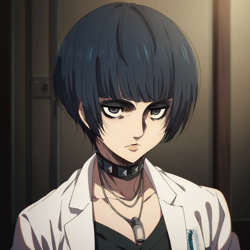 shingeki_no_kyojin_s4_style, portrait, solo, takemip5, short hair, black hair, blue hair, labcoat, black dress, belt, choker, necklace, cleavage, high heels, makeup, eyeliner,