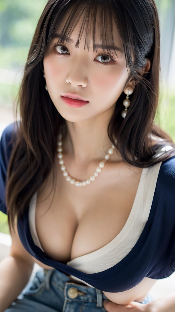 1 girl, national foundation, ((8k, raw, masterpiece: 1.5)), (Professional photography, sharp:1.2), Perfect dynamic composition, (Natural sun light), (soft shadow), (Perfect body:1.4), (((skinny figure))), ((huge round breasts: 1.35)), (((((medium long hair,bangs))))), Ultra-detailed faces and skin, perfect asian, White skin, (Delicate skin:1.4), (latex skin:0.4), (perfect glowing skin:0.6), light brown eyes, beautiful eyes, round eyes, pretty face, blush, glossy lips, ((plump lips)), glossy eyes, Really moist skin, gloomy expression, looking at camera, Elegant pearl necklace, Elegant earrings, minimalist, (red t-shirt, navy blue jeans trouser),