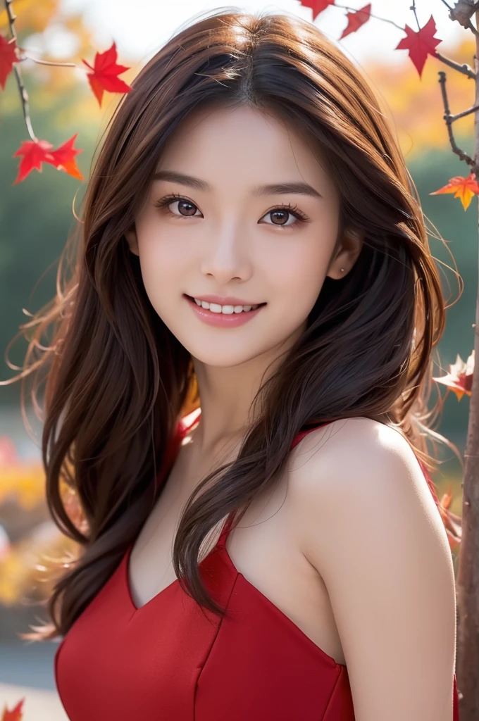 8K Super Resolution、Beauty、One Lady、Dark Brown Hair:1.1、Ultra-detailed face、Detailed lips、important、(Eyes meet)、double eyelid、Princess Eyes、 Beautiful Japanese Woman、Beautiful Japanese Woman、 Sensual lips、Bewitching body、Bust size 82、8 Life-size、Standing in a provocative pose facing forward with a well-balanced, natural body、Girlfriend in her 20s、(28 years old)、far and near method、Smiling with a nice smile、 Wearing a red one piece dress、Hair blowing in the wind、Clear images、The sparkle of tiny eyes、Fine autumn leaves dyed red、color々Hair style、