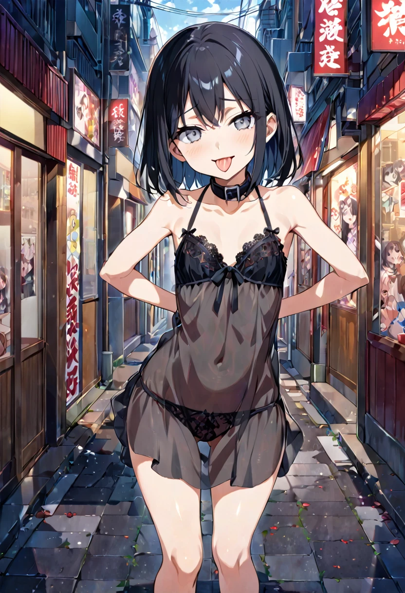 Put your hands behind your back,Hands tied behind the back,Lick,from the front,Front view,View your viewers, Looking to the future,From above,Cowboy Shot,One girl,Beautiful 14 year old girl,Japanese,thin,,Low length,Small breasts,thin脚,Small Ass,Baby Face,Small face,Black Hair,Both sides up,Grey Eyes,Droopy eyes,elongated pupils,thin目.Junior high school girl,Black collar and black lead,String extending forward,See-through black and light blue negligee,lingerie,Open your mouth,Sticking out tongue,Front Face,,Straight Stand,Beautiful and detailed anime art,Mischievous Smile,Sexy vibe,Cum on tongue,Busy Street,city