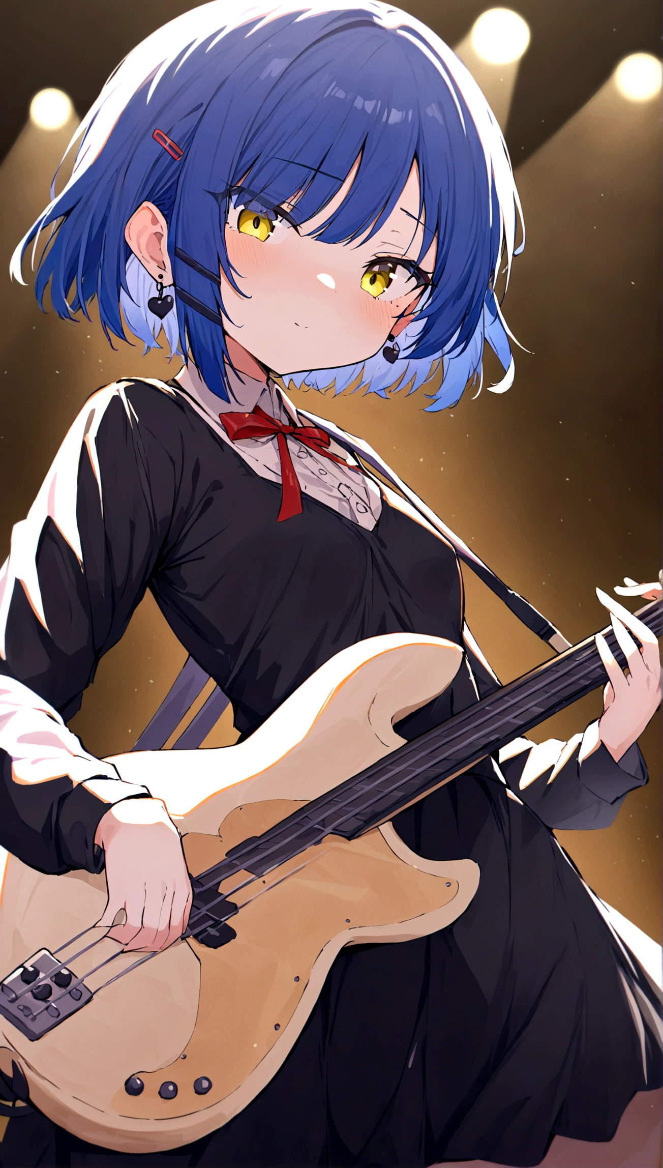 (best quality, highres, masterpiece : 1.4), (flatten art : 0.8), masterpiece, (best quality), 1girl (ager) , anime, deep blue hair hair, 2 black hair clip, black pin earring, fair skin, faint yelllow eyes, small sized breast, no expression (faint smile:0.7) , (detailed face), (black dress, red ribbon), playing bass,night, eyes to the viewer, (background: indoor band stage, indie vibe, dim lighting)