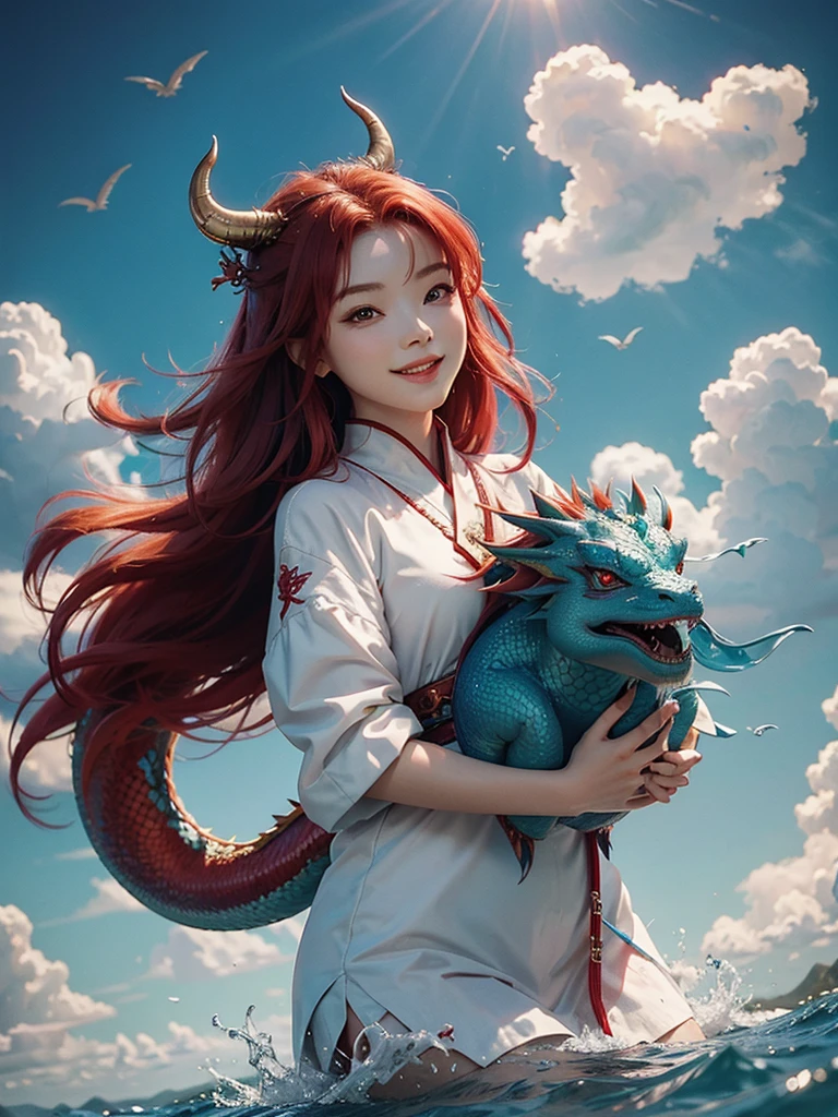 Highest quality, masterpiece, One girl、Red Hair、Smile with your mouth closed、Cute iridescent Asian dragon playing with clouds and wind in the sky, isometric, Beautiful concept art, Optics
