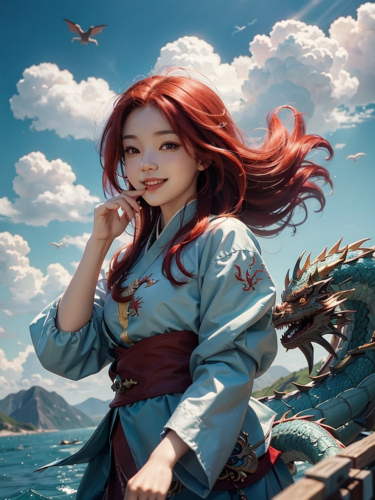 Highest quality, masterpiece, One girl、Red Hair、Smile with your mouth closed、Cute iridescent Asian dragon playing with clouds and wind in the sky, isometric, Beautiful concept art, Optics