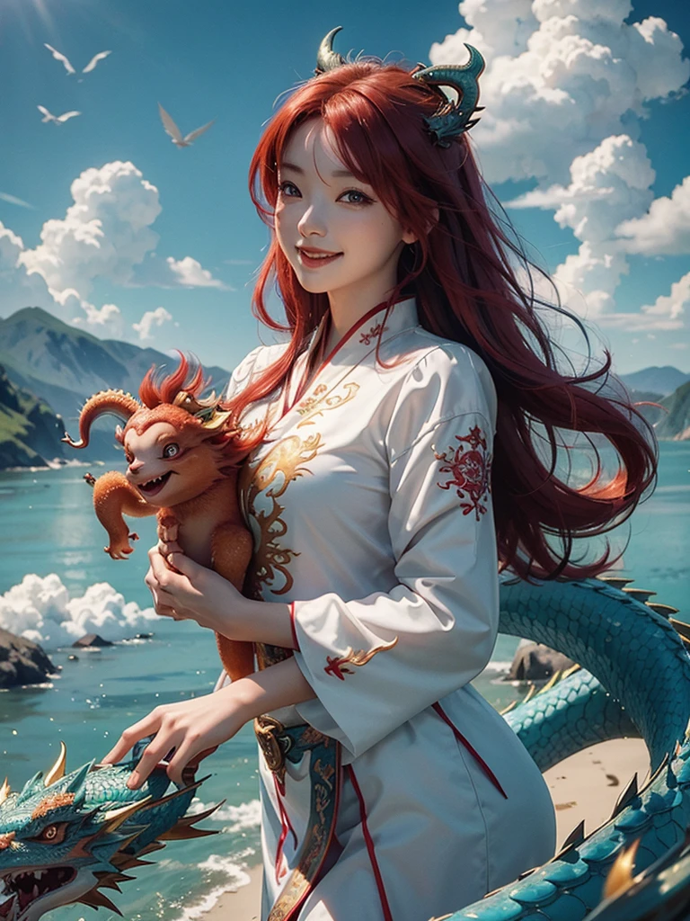 Highest quality, masterpiece, One girl、Red Hair、Smile with your mouth closed、Cute iridescent Asian dragon playing with clouds and wind in the sky, isometric, Beautiful concept art, Optics