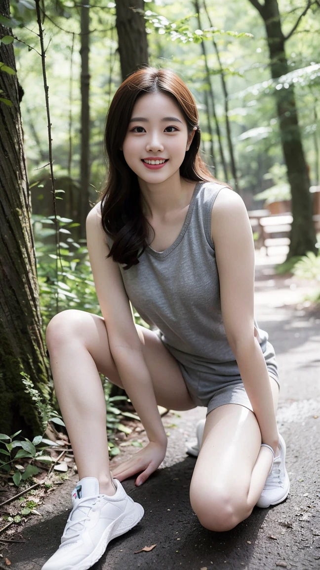 masterpiece, best quality, Surreal, Ultra Detailed, 8k resolution, RAW photos, Clear focus, (A girl in the forest), ((light gray shirt:1.1)), sleeveless, sports Shorts,Full body posture, Solitary, Perfect body, Become a, 32 inches in the chest,(a charming smile:1), (sexy pose),26 years old, light,White shoes