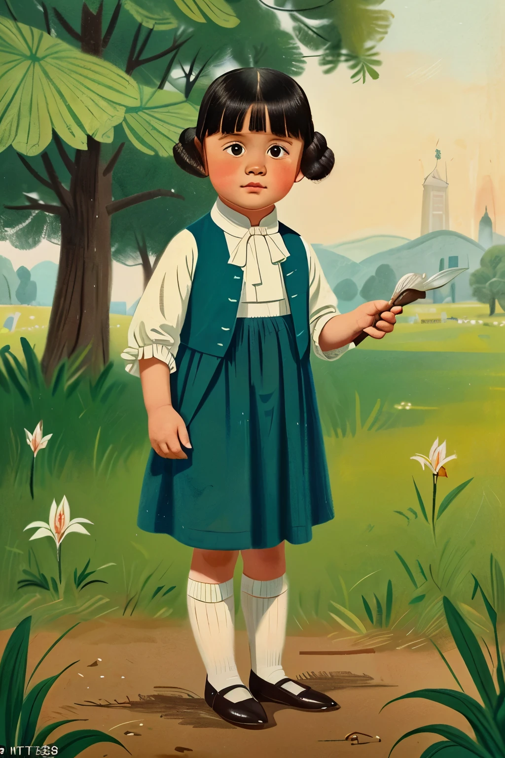 Puwei, China, 1828. A little ((((5-year-old)) WhiteLily)), girl, in the farm, ((((clothings from the 1820s)))), ((short bob hairstyle of the 1820s)), ((colorful))