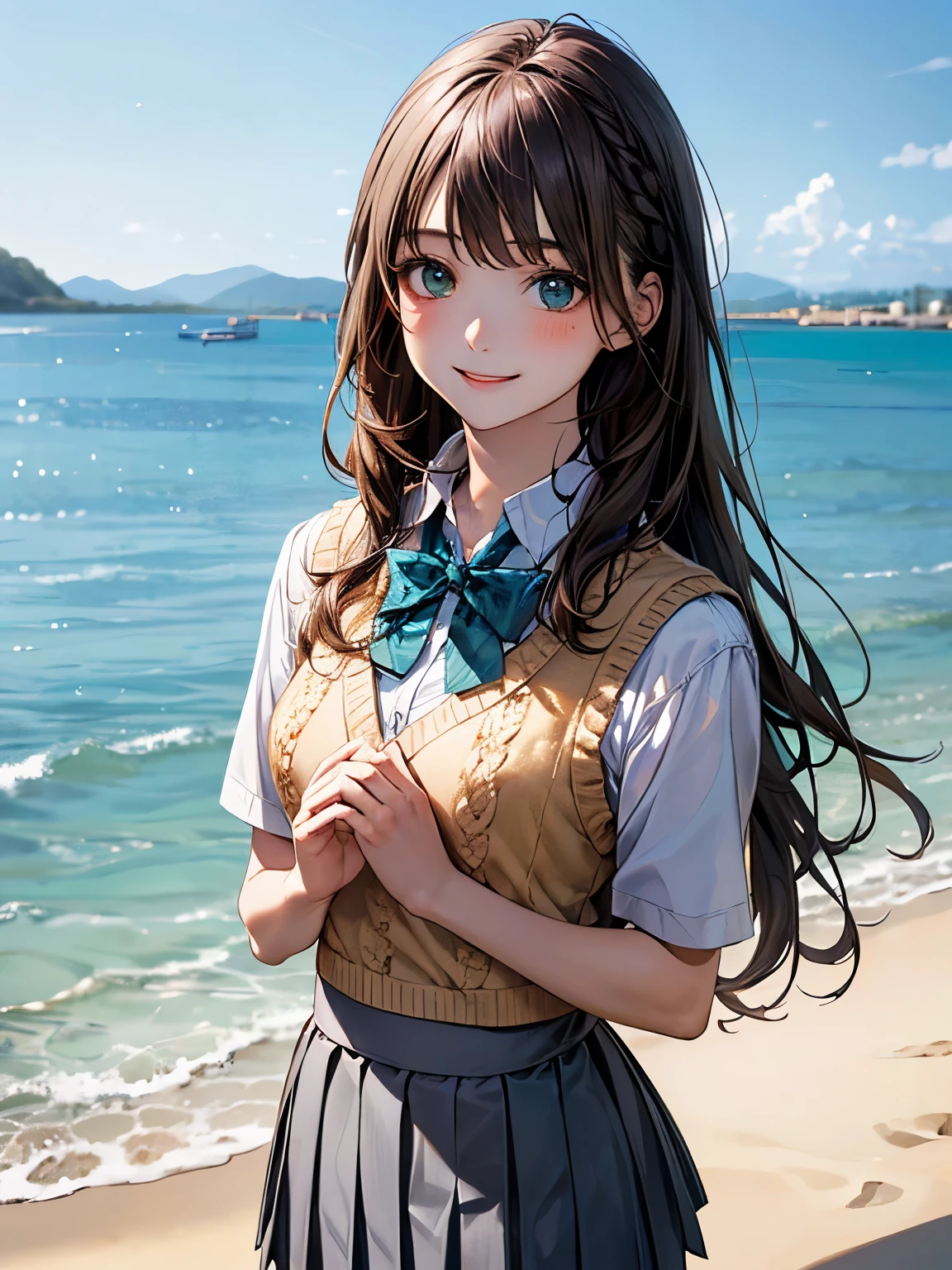 (masterpiece:1.2, Highest quality), (Realistic, photoRealistic:1.4), Beautiful illustrations, (Natural Side Lighting, Cinema Lighting), 
View your viewers, Upper Body, 2 Girls, Japanese, high school girl, 12 years old, Perfect Face, Cute and symmetrical face, Shiny skin, 
(Long Hair, Braiding, Light brown hair), bangs, Emerald Green Eyes, Big eyes, Long eyelashes, (Medium chest), 
Beautiful Hair, Beautiful Face, Beautiful attention to detail, Beautiful clavicle, Beautiful body, Beautiful breasts, Beautiful thighs, Beautiful feet, Beautiful fingers, 
((White collared shirt, Light blue bow tie, Dark grey pleated mini skirt, Yellow knitted vest)), 
(Beautiful views), evening,beach, walking, ((Grab your chest)), (In the heat, Excited, Captivating smile),