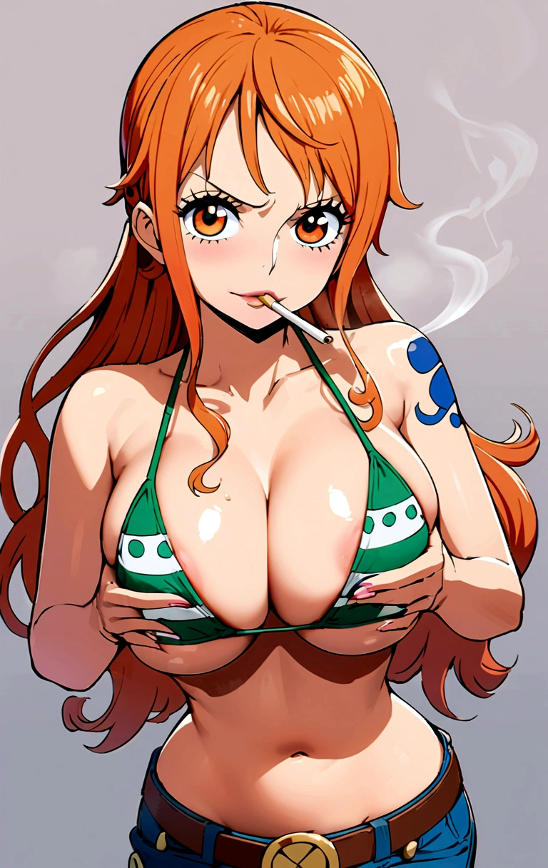 a cartoon picture of a woman in a bikini top and jeans, nami one piece, nami from one piece, nami, beautiful portrait of nami, from one piece, oppai, blue eyes, smoking, ponytail, nsfw