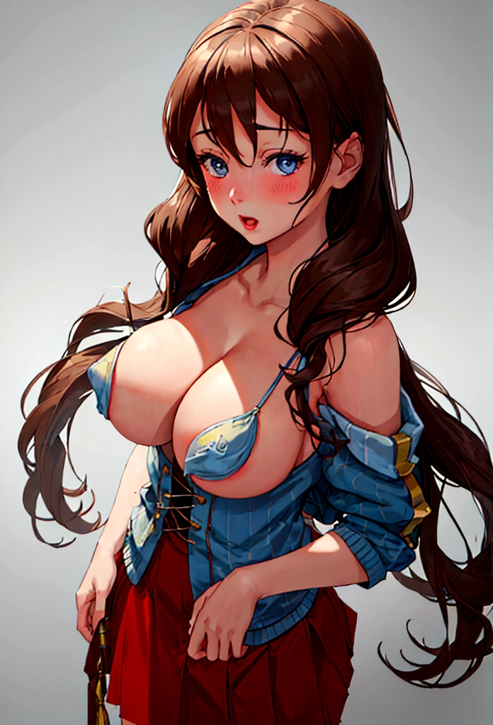 (((hyper realistic))),
1girl,from above, bare shoulder,collarbone,massive cleavage,(((nipple gap))),stomach,thighs,
(brown hair,twin tail hair),(dark blue eyes), 1girl, solo, breasts(big boobs:1.1), blush, open mouth, bangs, blue eyes, skirt,
intricate details, depth of field,beautiful lighting, volumetric lighting, dynamic angle, looking at viewer, (photographic portrait), sharp,