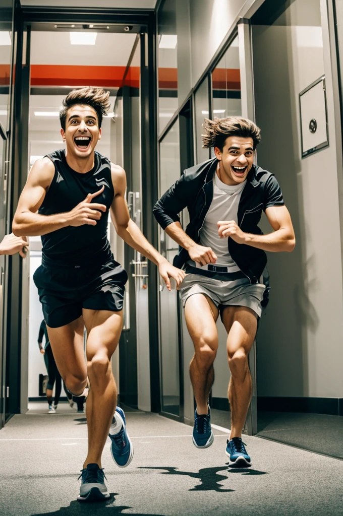 Image of friends running towards the exit, with panic expressions]