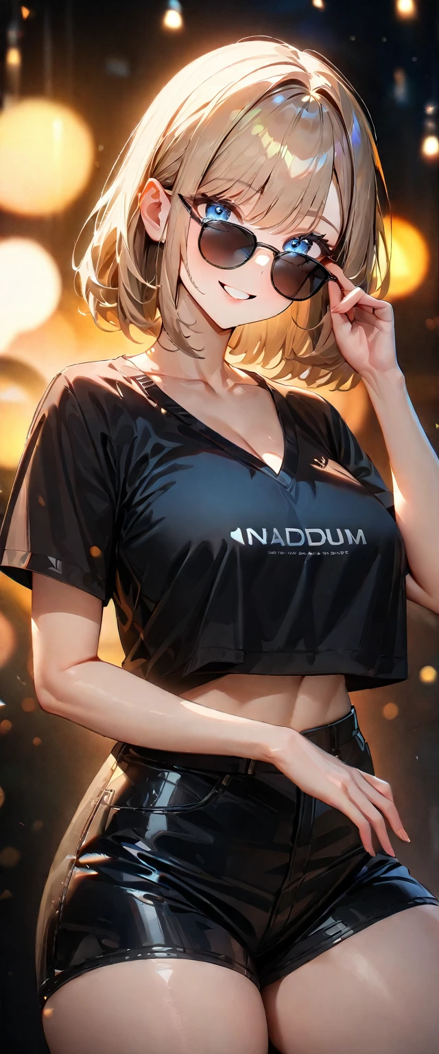 (((One girl))), ((beach)), noon, blond hair, bob cut, breasts, from front, (cowboy shot), standard body, (looking at viewer), ((black panties)), ((black crop top overhang, v-neck)), short sleeves, ((sunglasses)), hand to sunglasses, midriff peek, ager, head tilt:1.3, (((blue eye))), ((happy smile)), anime style, (best quality, 4k, 8k, highres, masterpiece:1.2, ultra-detailed, ultra-detailed eyes, HDR, UHD, studio lighting, ultra-fine painting, sharp focus, physically-based rendering, extreme detail description, professional, vivid colors, bokeh), ((Highest quality, Best image quality, Ultra-high resolution, Ultra-high resolution, solo, Strong eye highlights)), Depth of written boundary, Natural soft light, attractive, Beautiful Face, Cleanliness, Pure Face, nedium chest, Beautiful Face, Perfect Fingers, Perfect hands, Perfect body, Perfect Face, Shine a light into your eyes, Perfect Anatomy