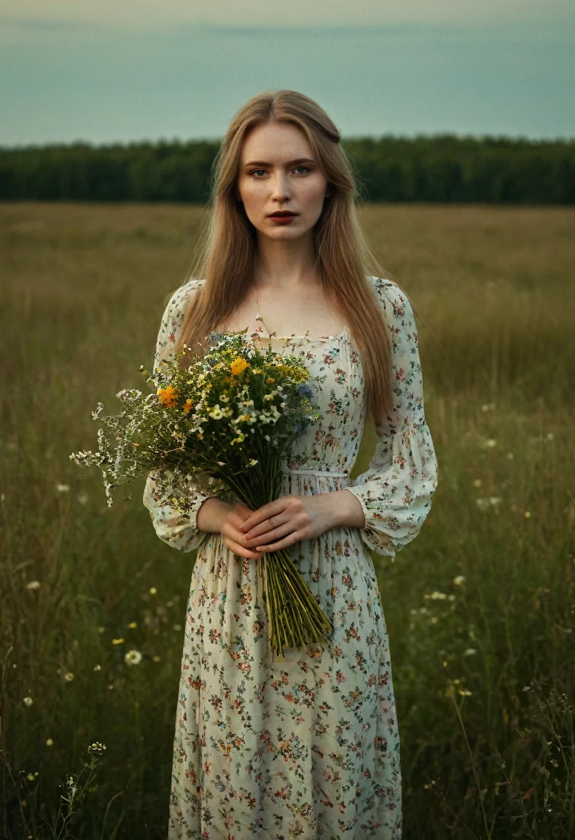 pale skin, ((evil slavic woman)), long dark blond hair, A beautiful award winning full length portrait of a dusky maiden wearing a chic floral dress,she is outdoors,holding a dainty bouquet of precisely arranged wild flowers,minimalistic composition,very dramatic lighting,in the style of wes anderson,hints of david lynch,rule of thirds,portrait lens,magical mood,Black and color,