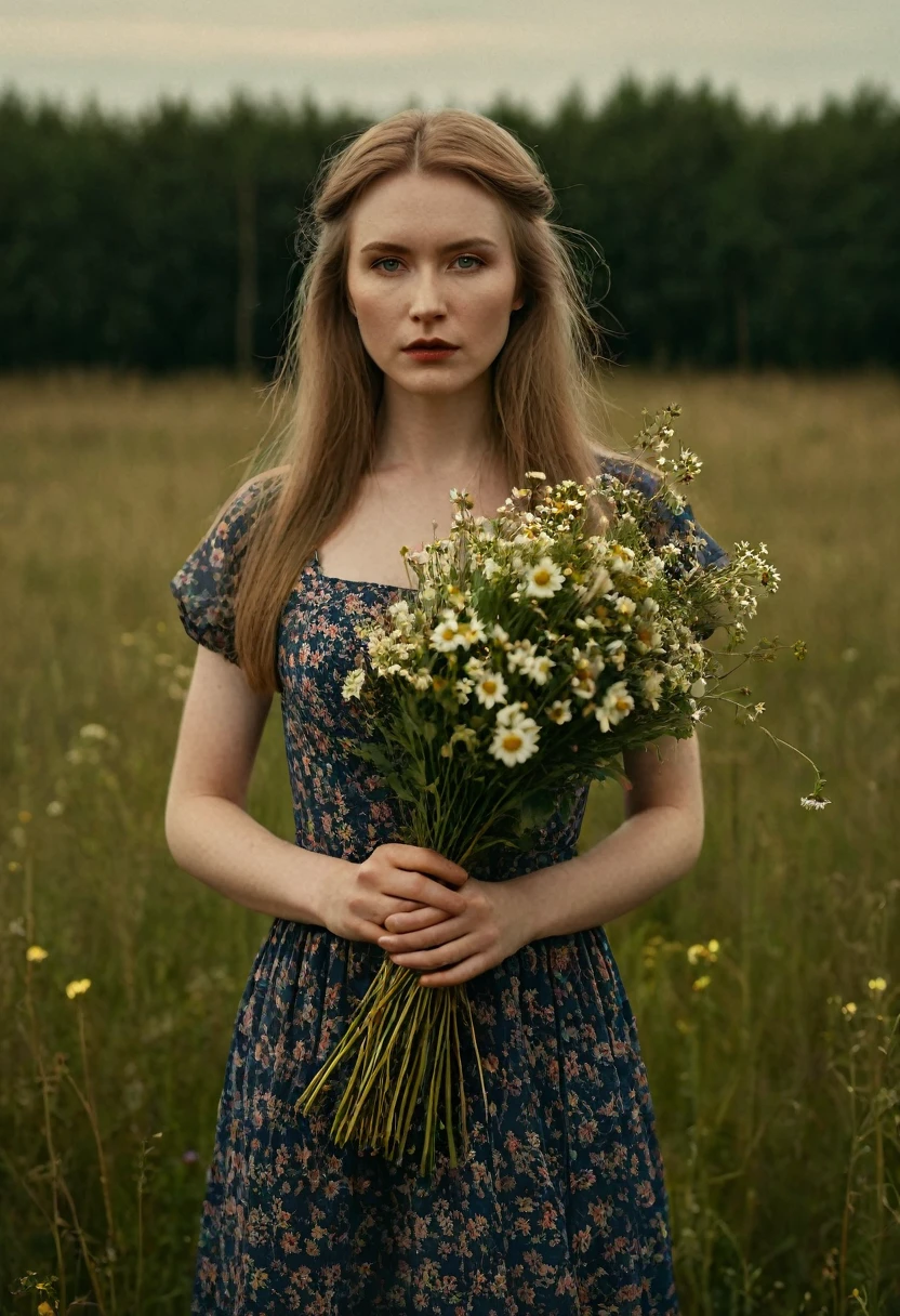 pale skin, ((evil slavic woman)), long dark blond hair, A beautiful award winning full length portrait of a dusky maiden wearing a chic floral dress,she is outdoors,holding a dainty bouquet of precisely arranged wild flowers,minimalistic composition,very dramatic lighting,in the style of wes anderson,hints of david lynch,rule of thirds,portrait lens,magical mood,Black and color,