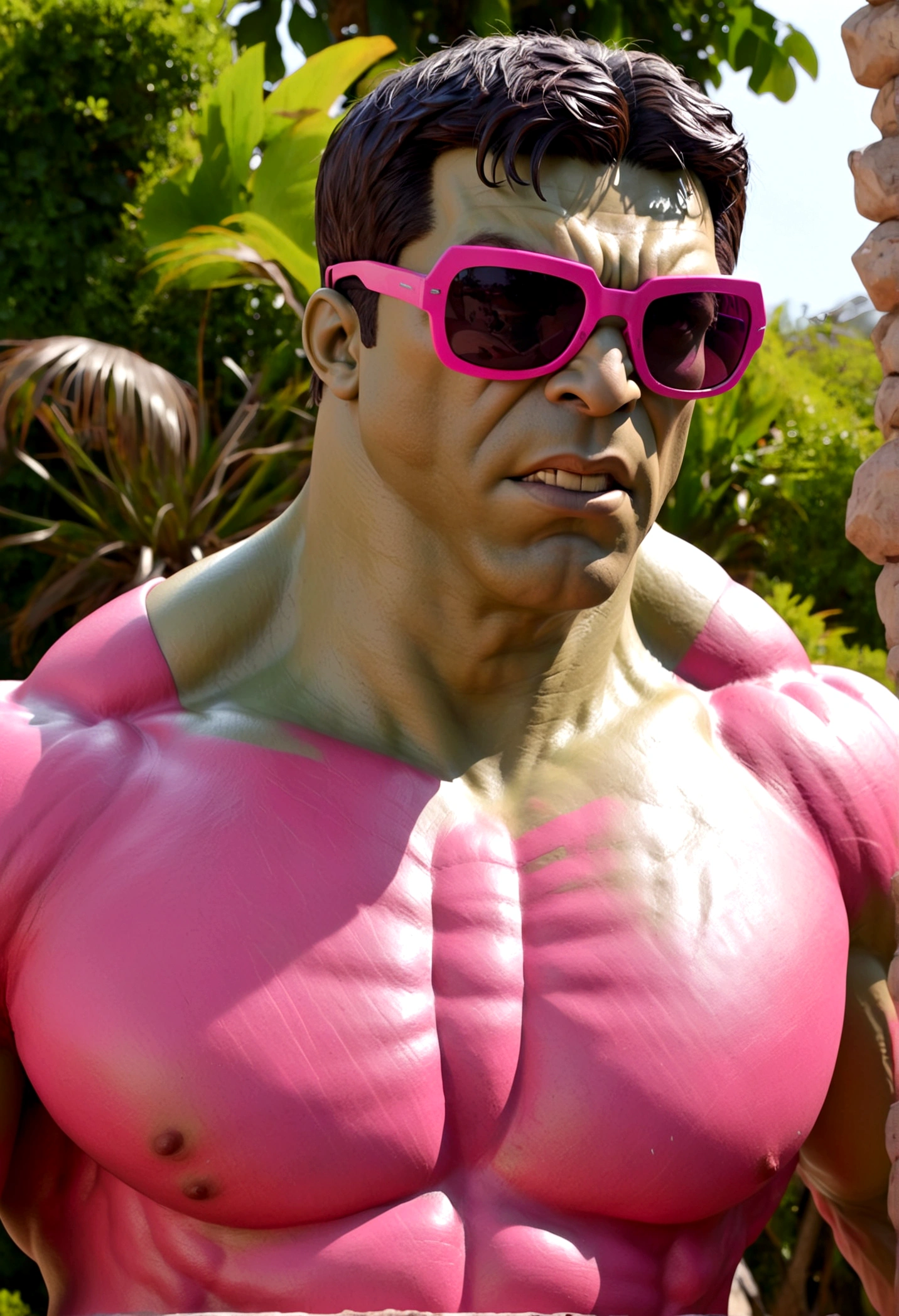 The incredible hulk is striking a noble pose, he is wearing huge pink beach sunglasses