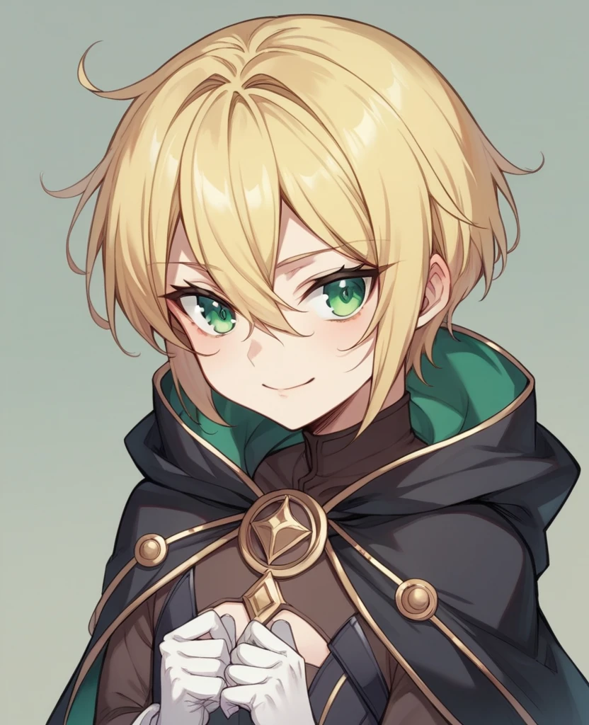 （One girl）、((short hair))、((Blonde))、（Sato Air）、(boyish)、Crossdresser、((flat chest))、green eyes、[wizard]、[black cape]、Black long sleeve、((hairs between eyes))、gloves 、[light smile]
