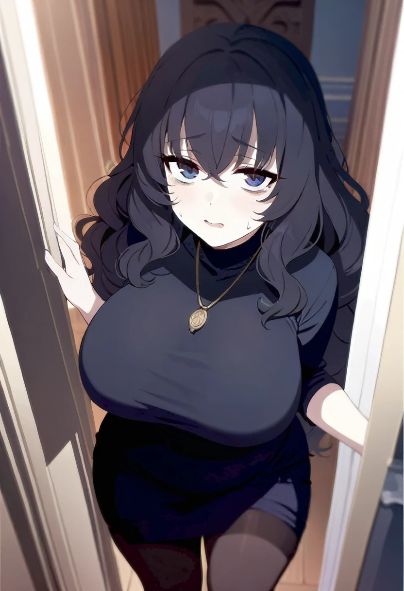 1 girl, (masterpiece), best quality, expressive eyes, perfect face, black hair, long hair, wavy hair, dark blue eyes, chubby, black pantyhose, bags under eyes, black tunic, knee length skirt