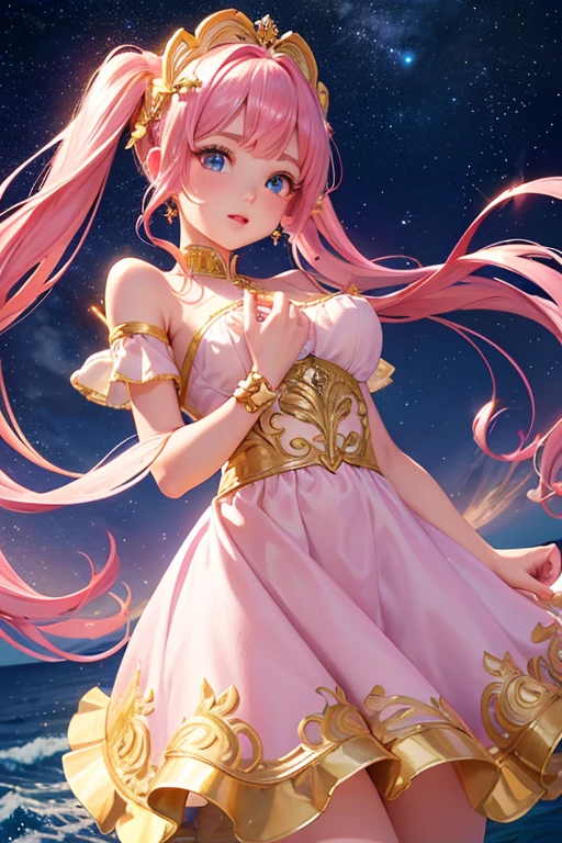 Highest quality、Highest quality、Masterpiece、woman1people、Purple shiny decollete dress、Golden embroidery、Frill mini skirt dress、Perfect body line、Adorable poses、Realistic、Glowing Skin、Groomed eyebrows、Pink Lips、Pink Hair、Blue Eyes、Twin tails、delicate、Shiny Hair、detailed、Skirt in the wind、The background is the starry sky and the sea