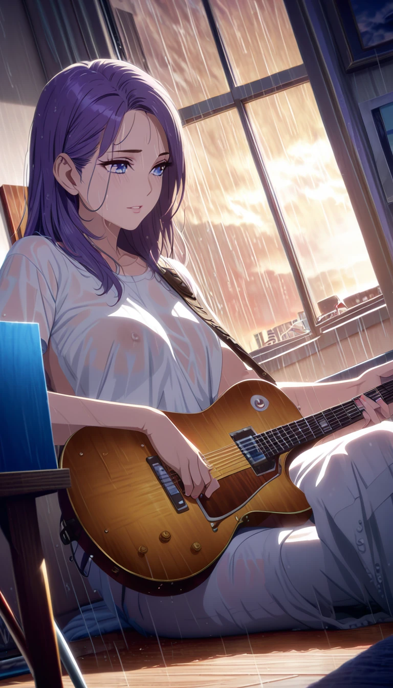 nude woman playing guitar, sitting at the window, her room has a window pointing outside and the sky is cloudy while it's raining, detailed face and body, beautiful eyes, realistic, vivid colors, dramatic lighting, cinematic composition, photorealistic, 8k, high quality, masterpiece