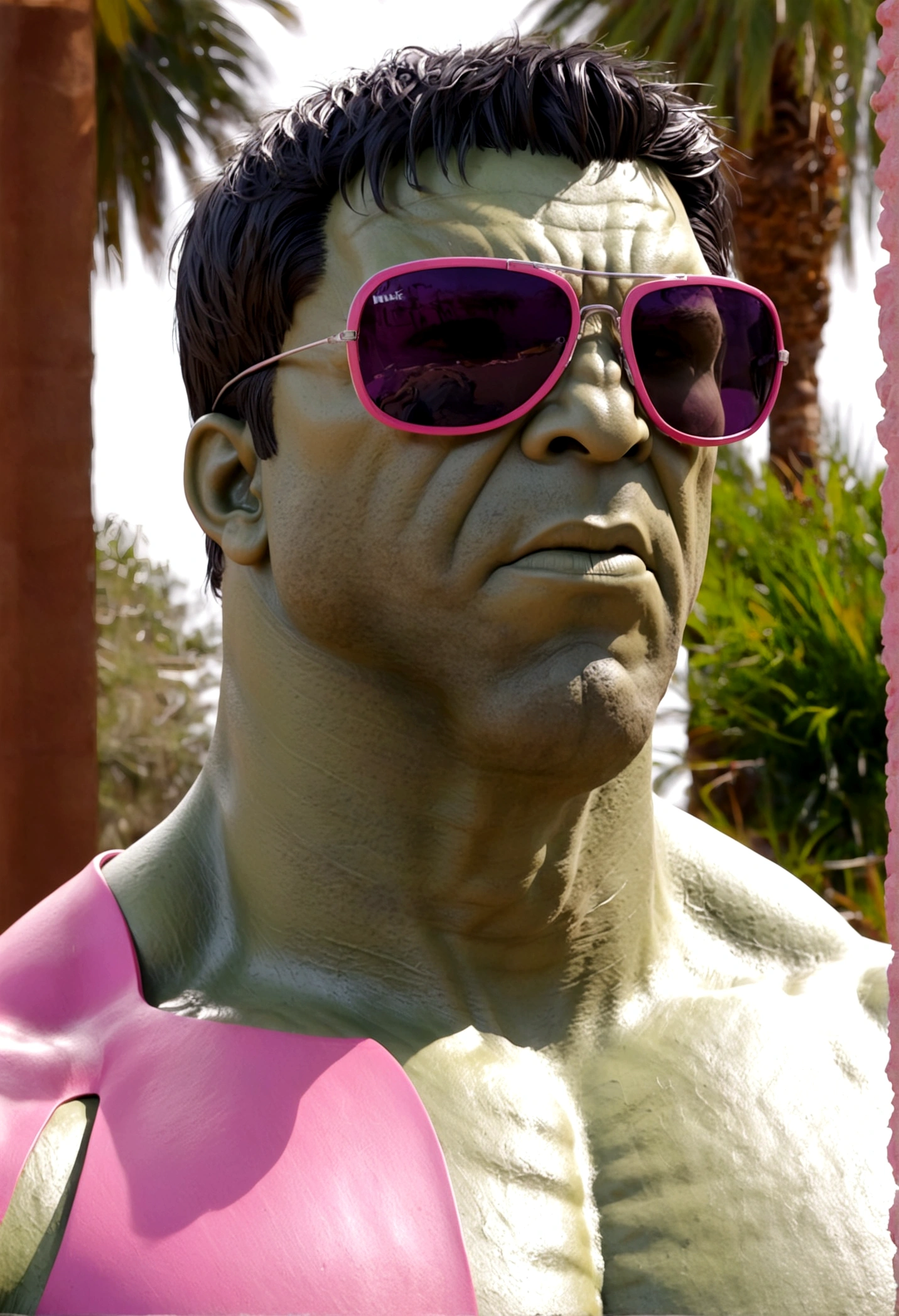 The incredible hulk is striking a noble pose, he is wearing huge pink beach sunglasses