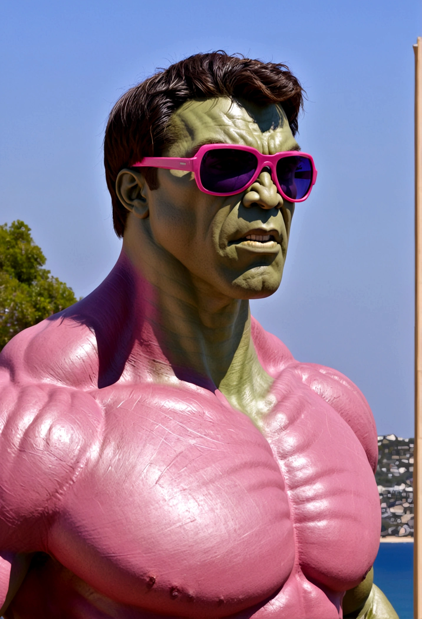 The incredible hulk is striking a noble pose, he is wearing huge pink beach sunglasses
