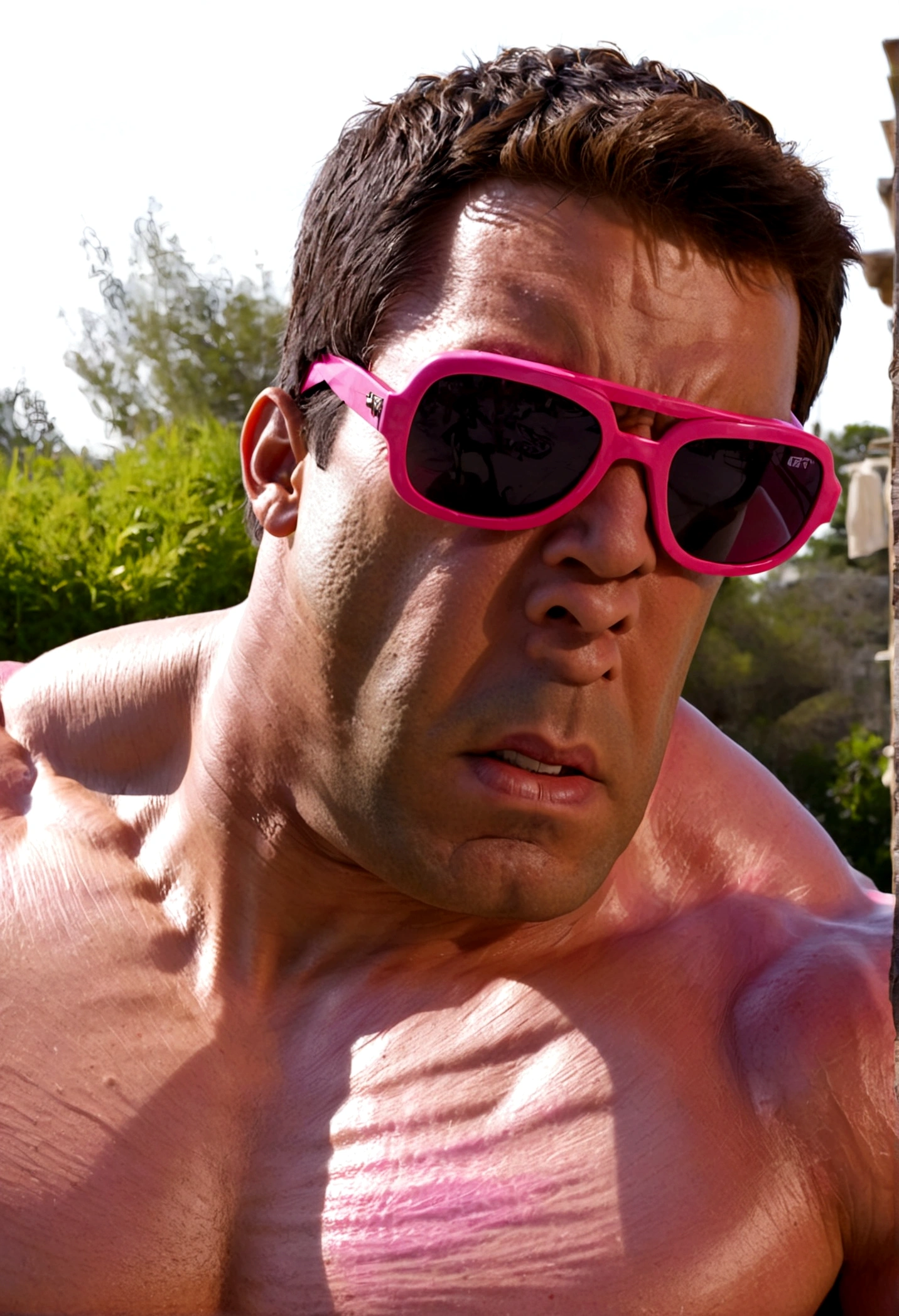 The incredible hulk is striking a noble pose, he is wearing huge pink beach sunglasses
