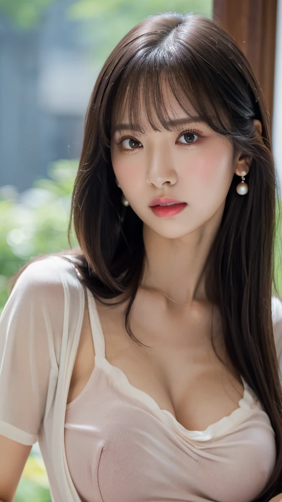 1 girl, national foundation, ((8k, raw, masterpiece: 1.5)), (Professional photography, sharp:1.2), Perfect dynamic composition, (Natural sun light), (soft shadow), (Perfect body:1.4), (((skinny figure))), ((huge round breasts: 1.35)), (((((medium long hair,bangs))))), Ultra-detailed faces and skin, perfect asian, White skin, (Delicate skin:1.4), (latex skin:0.4), (perfect glowing skin:0.6), light brown eyes, beautiful eyes, round eyes, pretty face, blush, glossy lips, ((plump lips)), glossy eyes, Really moist skin, gloomy expression, looking at camera, Elegant pearl necklace, Elegant earrings, minimalist, (red t-shirt, navy blue jeans trouser),