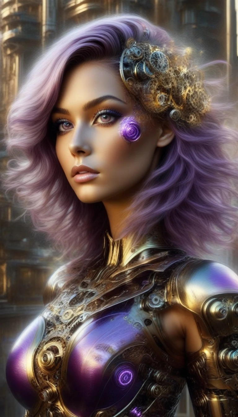 Un portrait hyperréaliste d’une sublime cyborg heureuse et rayonnante , cyborg aux cheveux couleur violet irisé sombre foncé très_long et très détaillés, ((cheveux couleur violet irisé foncé électrique)), portant une robe en dentelle faite en composants électroniques et accessoires DonMSt34mPXL, situé dans une ville futuriste avec des éléments mécaniques,  poitrine réaliste décolletée push-up , regard intense et sensuel , corps élancé, pose dynamique