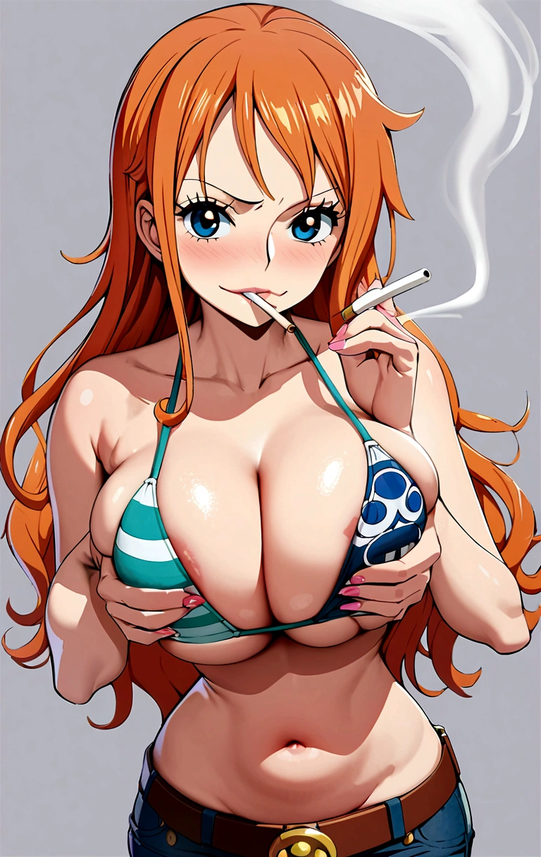 a cartoon picture of a woman in a bikini top and jeans, nami one piece, nami from one piece, nami, beautiful portrait of nami, from one piece, oppai, blue eyes, smoking, ponytail, nsfw