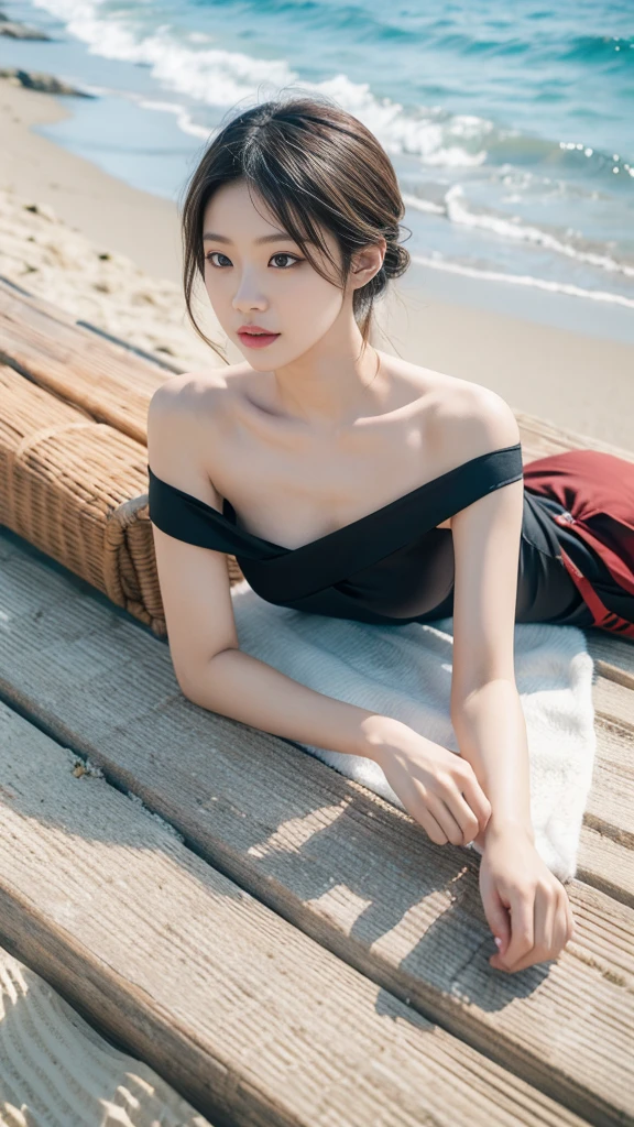  (genshin impact), (masterpiece, best quality:1.2), 1 woman, alone, ((bare shoulders)), (In fact:1.37), ((lie on the beach)), ((bird&#39;eye view shot)), sweet virgin, beautiful妆容, exquisite makeup, Extremely beautiful eyes, long hair, Perm, slim body, ((big bust, big bust, split)), sexy slim legs, the skirt is short, 섹시한 다리가 bird어나온다, Graceful posture, dynamic pose, best quality, correct, correct的手, correct的腿, 解剖学correct, official art, complicated, Detail的脸, Detail, lifelike, Very Detailed, amazing, beautiful, young and energetic, Attractive models, Meticulous CG uniform 8k wallpaper