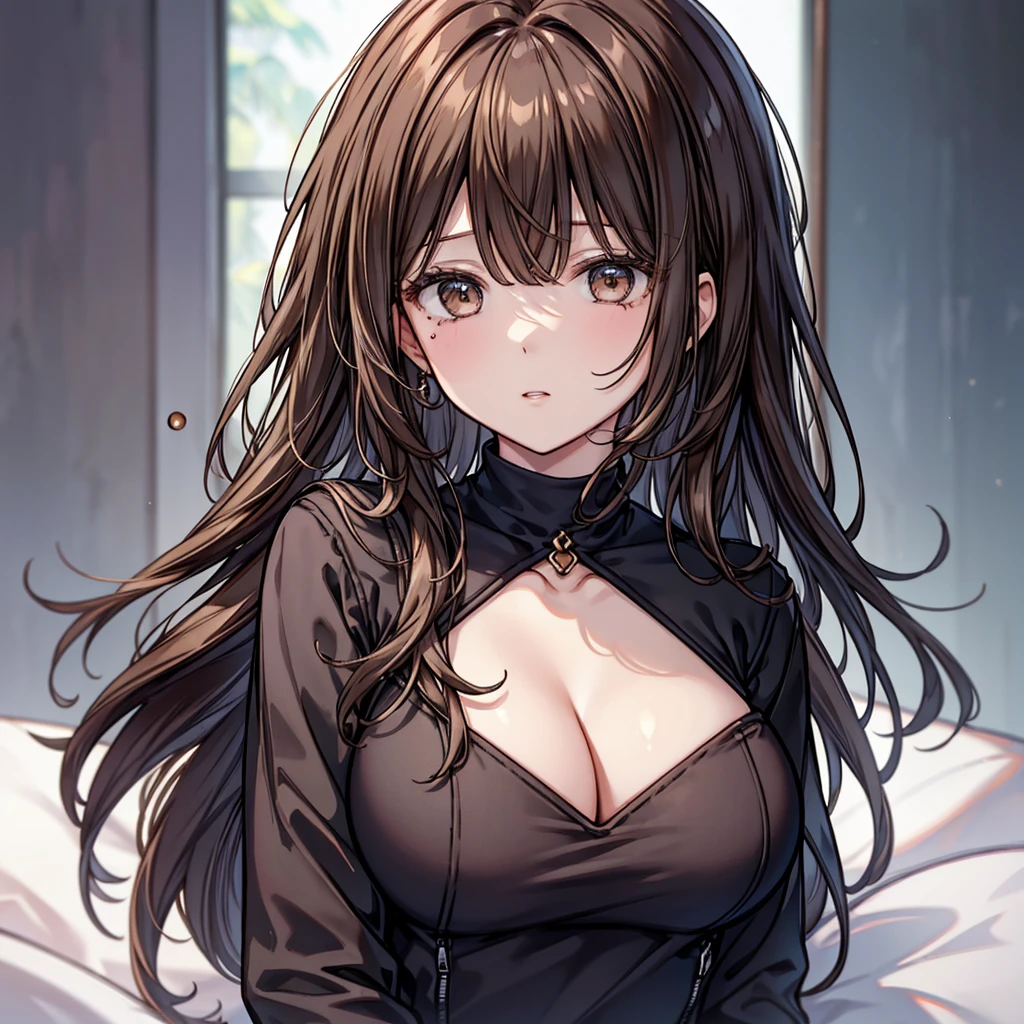  masterpiece, Highest quality, whole body, One girl, bangs,Brown Hair、To the chest、Wear a black jacket over a brown knit、40-year-old woman、Long Hair、bangsなし、Chest cutout、Cleavage、Mole under right eye