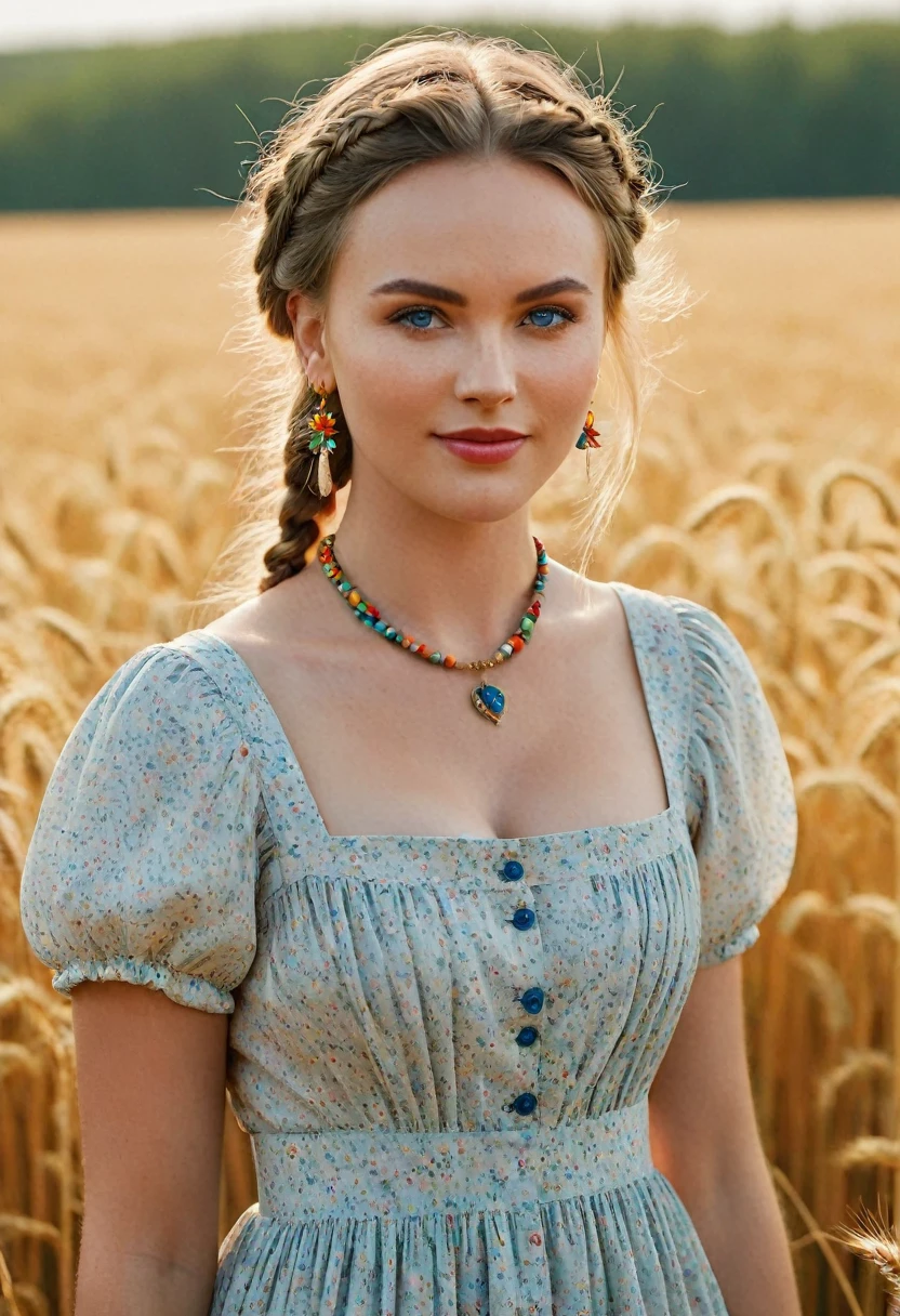 full body, 25yo Ukrainian Woman in a simple vintage 1850s peasant dress with a playful colorful floral pattern knee-length, (smirk:1.2), model face, blue eyes, earrings, necklace, big breasts, posing waist-high with a joyful, carefree expression, freckles, skin pores, twin braid hair, long hair, wearing a flowers wreath (oval-shaped face, smooth and broad forehead, straight and refined nose, high and prominent cheekbones, full lips with a pronounced Cupidâs bow, strong jawline, slightly pointed chin:1.2 ) (charlize theron:0.5) golden hour, wheat field, captured from a front view highlighting a nostalgic and cheerful composition, playful pose, photorealistic, soft vibrant colors, ultra detailed, sharp focus, studio photo, intricate details, highly detailed. 