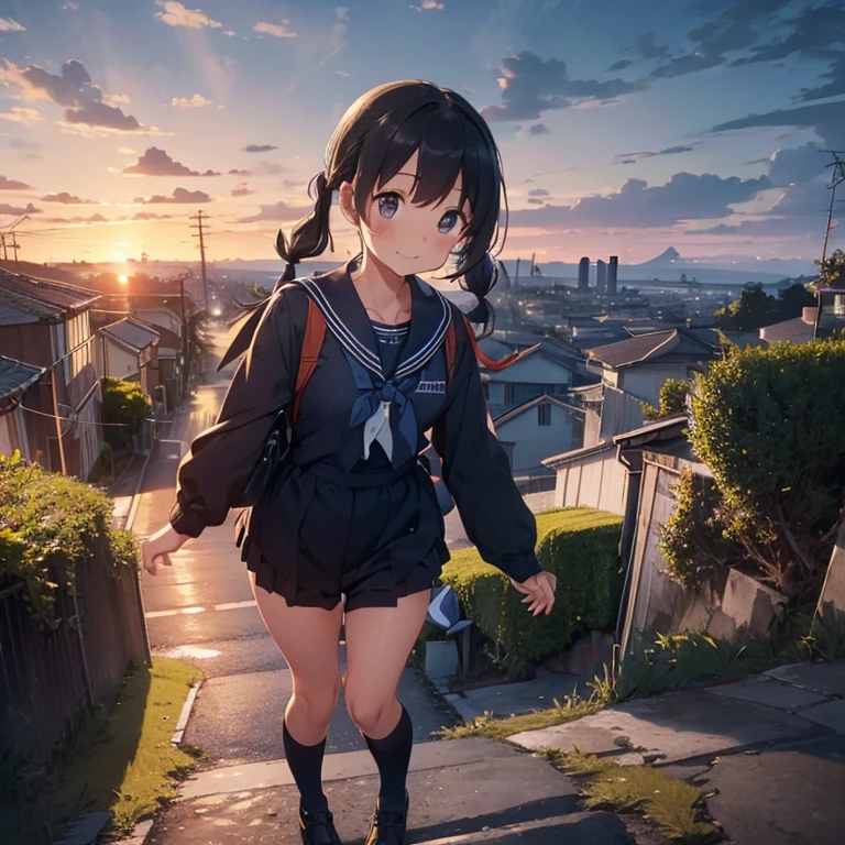 best quality, detailed, masterpiece, 1 girl, standing, gentle smile, yo, (low twintails:1.4), low pigtails, black hair, long hair, (navy blue sailor suit with blue ribbon:1.4), long sleeves, dark brown eyes, school bag, from the front, from little above, POV, alone, (steep downhill:1.6), long hill straight road to the back, electric pole, hill town, housing, cityscape, sea in the distance on the back, nice view, evening, orange sky, animation