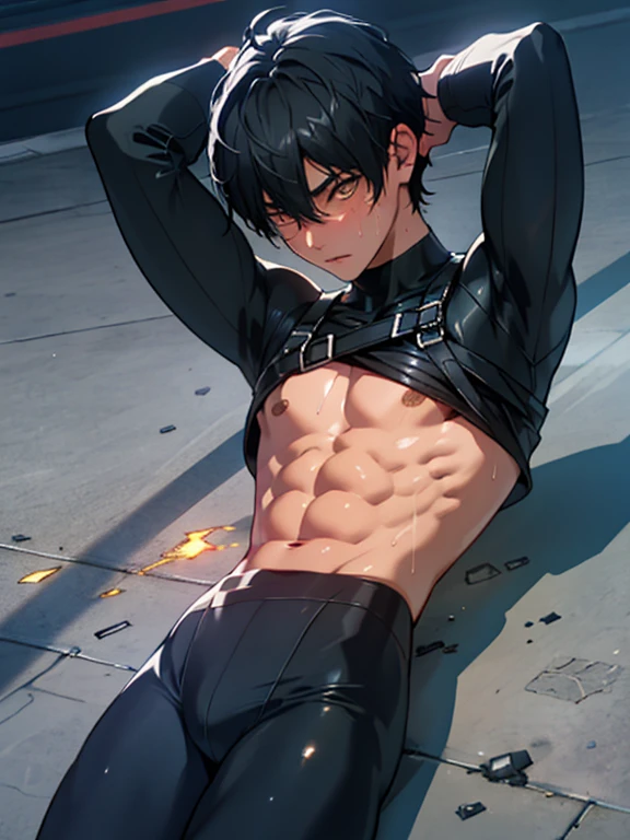 ((Fine details)), Best Shadow,Cinema Lighting,Highest quality,((Very detailed)) masterpiece The body is slim Embarrassing Black Hair ocher eyes Torn Shirt Electricity began get wet Big eyes thin The suit was torn Upper body naked sweating Delicate body Pitch black tights Damaged High saturation boy Ryona Hurt torture Clothing saturation 0 I was injured High chance of losing Skin is visible in places shout View from below Overall image Femboy Light hits the skin Baby Face Fallen Lying Skinny body Lying down punish young Flexible body Mind control T-bag Round face Flat face Rear view
