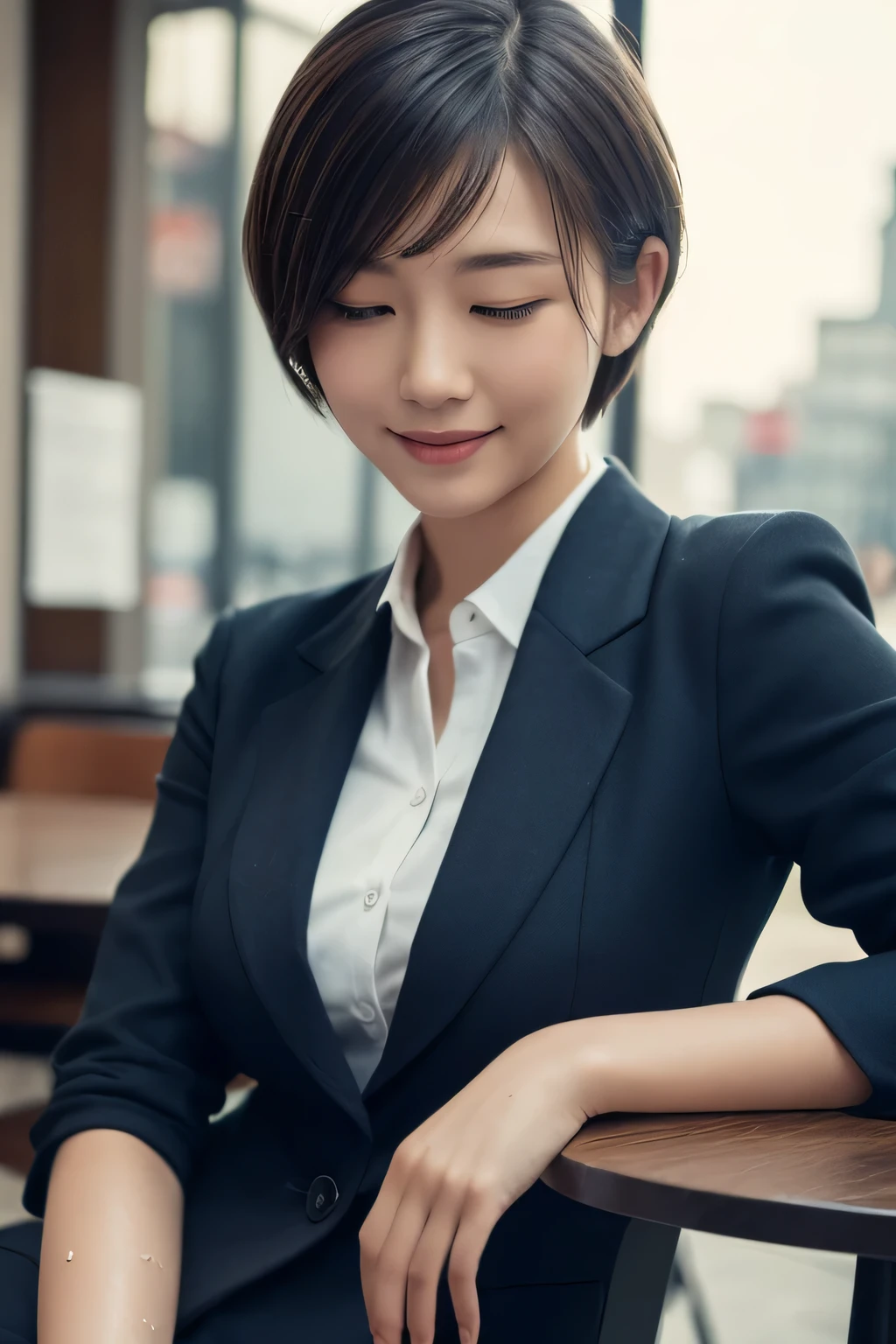 (8K, Highest quality, masterpiece:1.2), (Realistic, photo-Realistic:1.37), Super detailed, 1 Girl, cute, alone, Beautifully detailed skies, Detailed Cafe, night, Sitting, Date, (Red nose), (smile:1.15), (Mouth closed) Small breasts, Beautiful attention to detail, (Collared shirt:1.1), night, Wet, business suit, rain, White lace, (short hair:1.2), Floating Hair NovaFrogStyle, topless,Close-up shot , Medium Shot , Random Shot