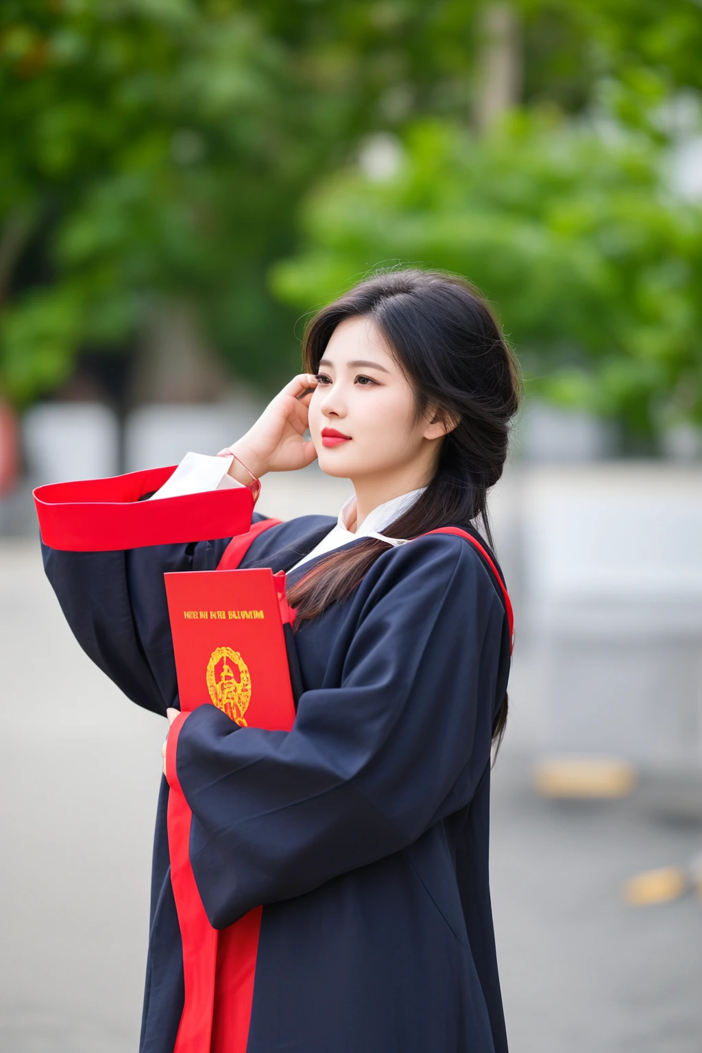 woman in graduation gown holding a red book and talking on a cell phone, wearing an academic gown, ao dai, graduation photo, chinese girl, vietnamese woman, chinese woman, a young asian woman, wearing red robes, wearing black robe, student, wearing robes and neckties, young asian girl, portrait shot, asian girl with long hair, flowing hair and long robes