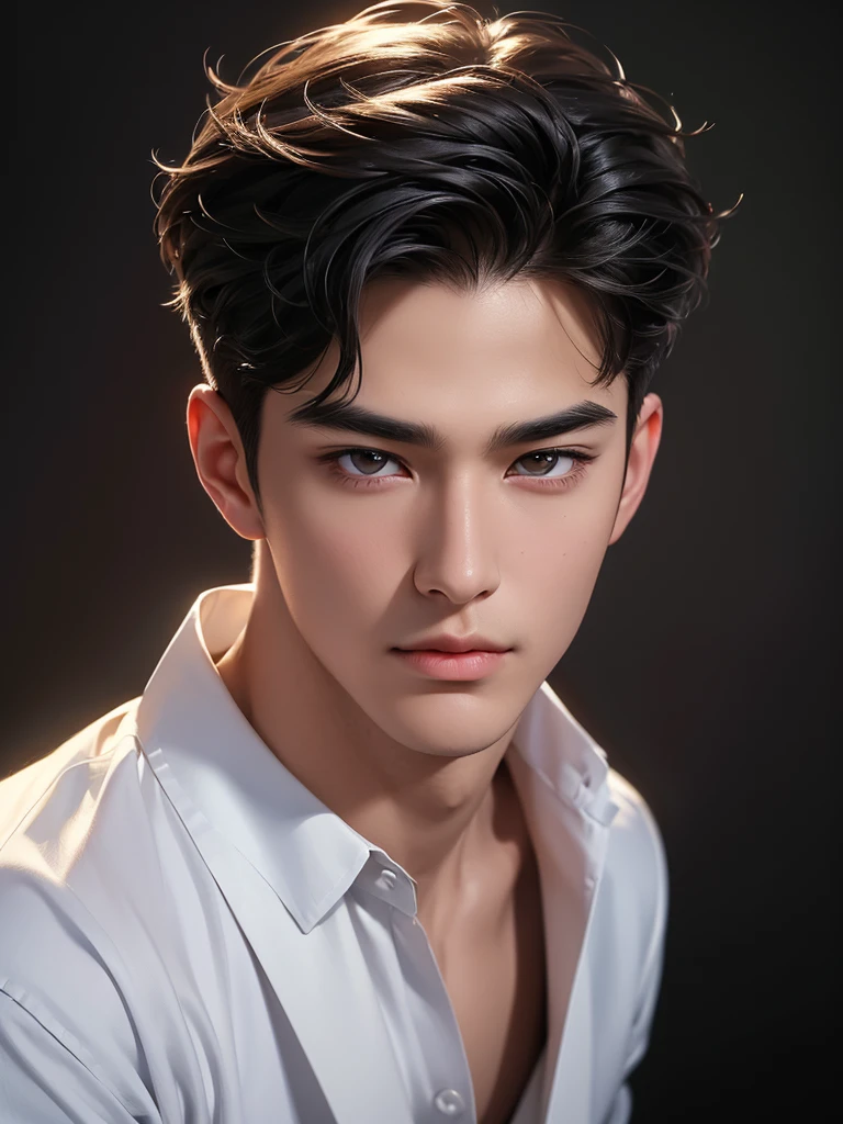 ((High quality)), ((masterpiece)), ((highly detailed)), perfect face, realistic, ((man)), ((Asian)), young, black hair, comma hair cut style, ((handsome)), detailed eyes, beautiful detailed nose, realistic body, realistic light, comfortable expressions, cute guy, cool guy