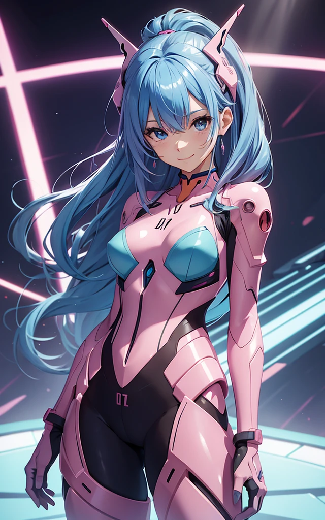 pink evangelion suit, a beauty girl, stunning proportions, blue hair, smile