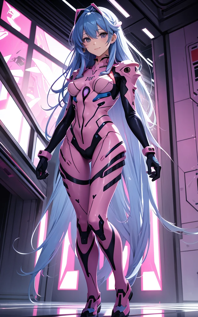 pink evangelion suit, a beauty girl, stunning proportions, blue hair, smile