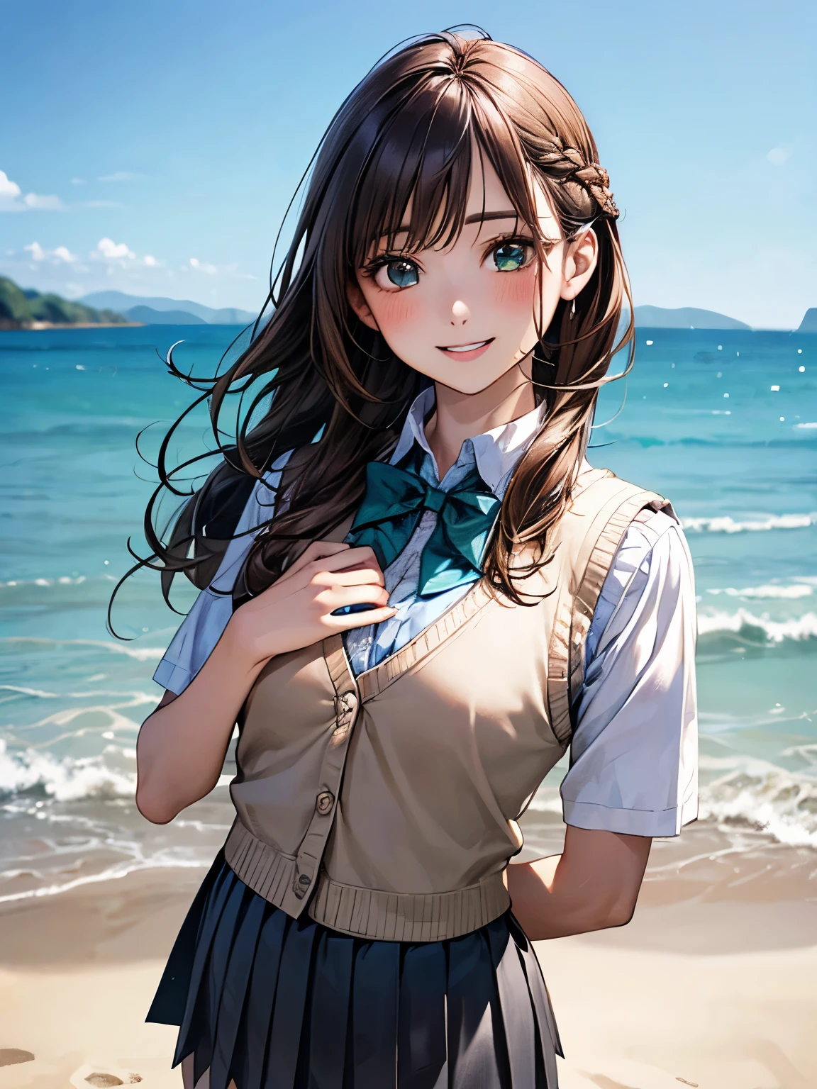(masterpiece:1.2, Highest quality), (Realistic, photoRealistic:1.4), Beautiful illustrations, (Natural Side Lighting, Cinema Lighting),
View your viewers, Upper Body, 2 Girls, Japanese, high school girl, 12 years old, Perfect Face, Cute and symmetrical face, Shiny skin,
(Long Hair, Braiding, Light brown hair), bangs, Emerald Green Eyes, Big eyes, Long eyelashes, (Medium chest),
Beautiful Hair, Beautiful Face, Beautiful attention to detail, Beautiful clavicle, Beautiful body, Beautiful breasts, Beautiful thighs, Beautiful feet, Beautiful fingers,
((White collared shirt, Light blue bow tie, Dark grey pleated mini skirt, Knitted Vest)),
(Beautiful views), evening,beach, walking, ((Grab your chest)), (In the heat, Excited, Captivating smile),
