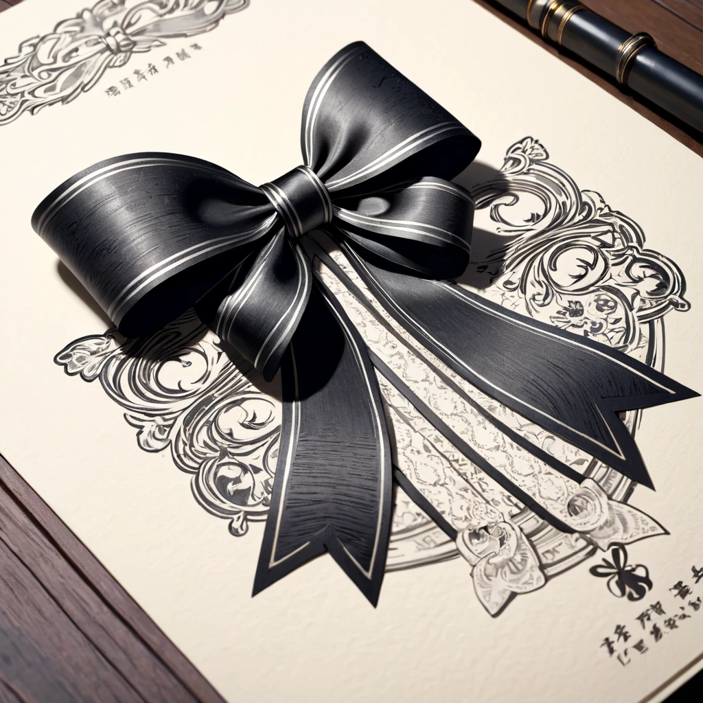 masterpiece、super beautiful、8K、An illustration of a ribbon tied in a bowknot, drawn with worn lines in the style of medieval black and white letterpress printing.