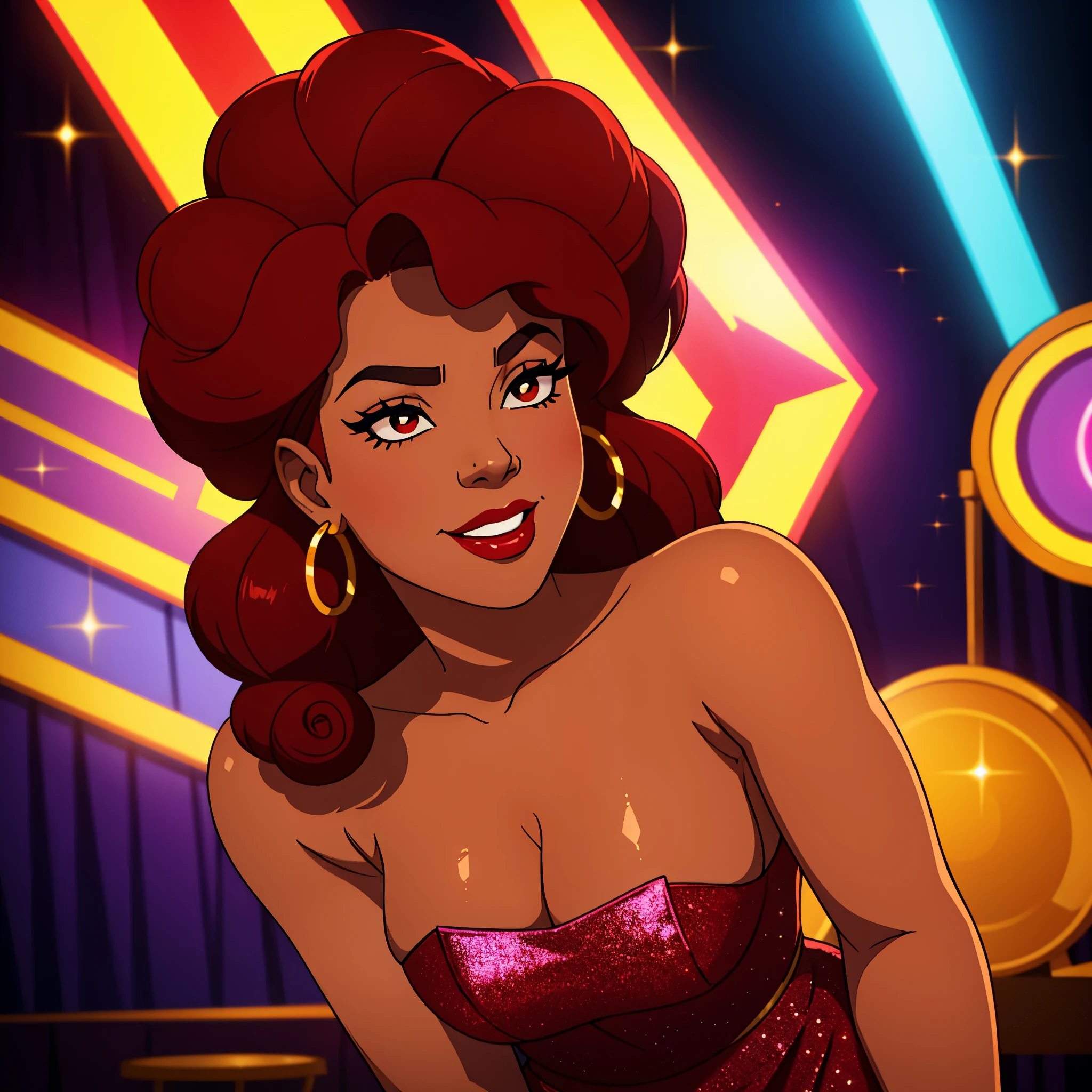Create a close-up face portrait of a fictional 1970s African-American female R&B superstar named Ruby Roux. She has vibrant red curly hair, expressive brown eyes, and a radiant smile. Ruby wears bold makeup typical of the 1970s, including dramatic eyeliner and red lipstick. She is adorned with large hoop earrings and a glittery outfit that reflects the flashy style of the era. The background should feature a blurred colorful stage with vintage lights, adding to the retro and glamorous atmosphere. cinematic action, cinematic lighting, backlighting, masterpiece, anatomically correct, textured skin, super detail, 8k atmospheric perspective, depth of field,