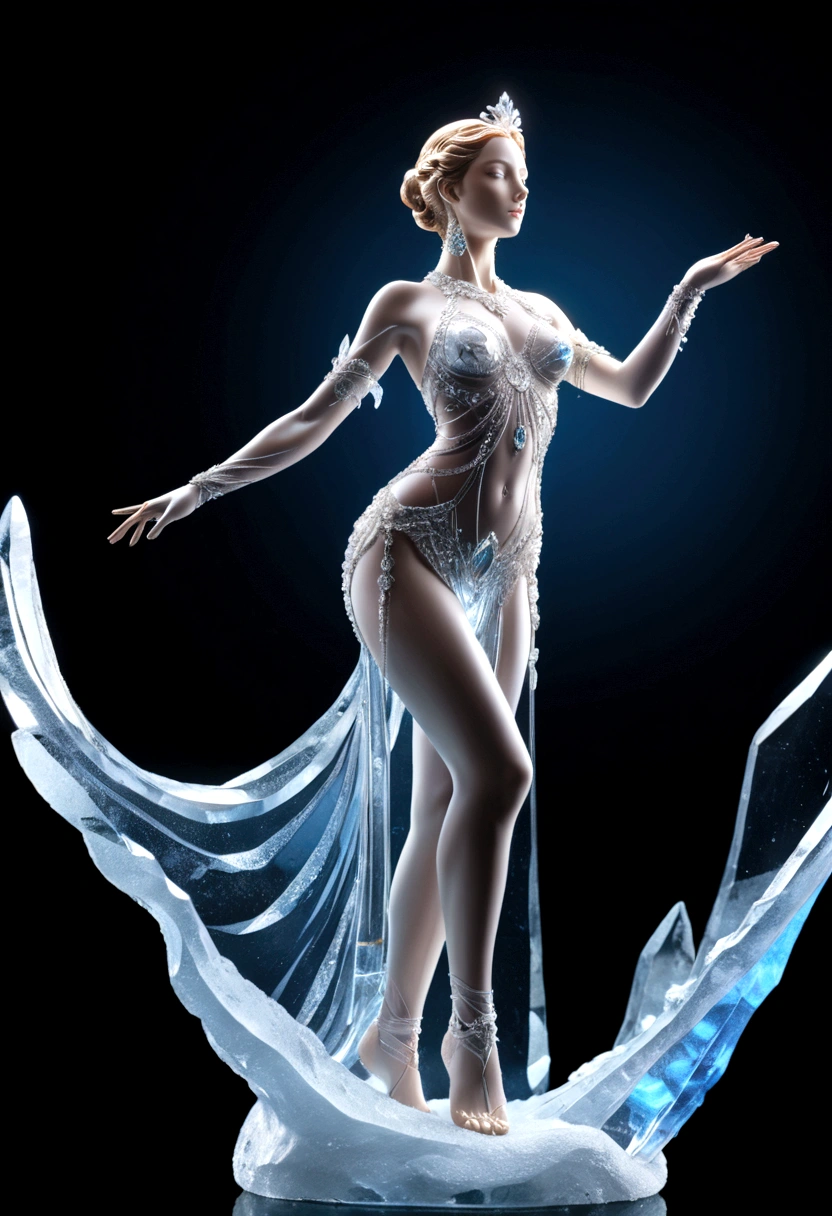 a tall statue carve from crystal ice, tall Aphrodite, beauty face, crystal ice royal regalia, perfect anatomy, full  crystal body, iconic standing stance, dance stance, raised one leg, model pose, high pose, perfect pose, aesthetic pose, full transparent (clear transparency 1.5) clear-color luminescent, (upper tight, shot) low angle camera, (lower view 1.6) from below view, blue back-light
