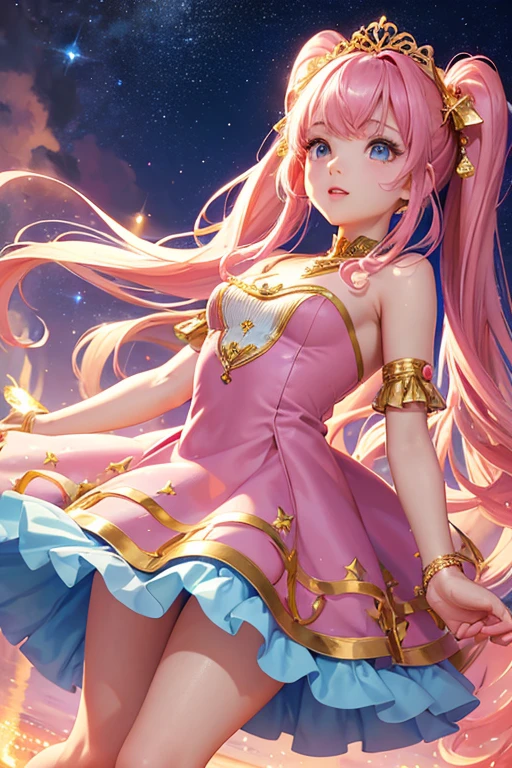 Highest quality、Highest quality、Masterpiece、woman1people、Pink shiny decollete dress、Golden embroidery、Frill mini skirt dress、Perfect body line、Adorable poses、Realistic、Glowing Skin、Groomed eyebrows、Pink Lips、Blue Eyes、Twin tails、delicate、Shiny Hair、detailed、Skirt in the wind、The background is the starry sky and the sea、