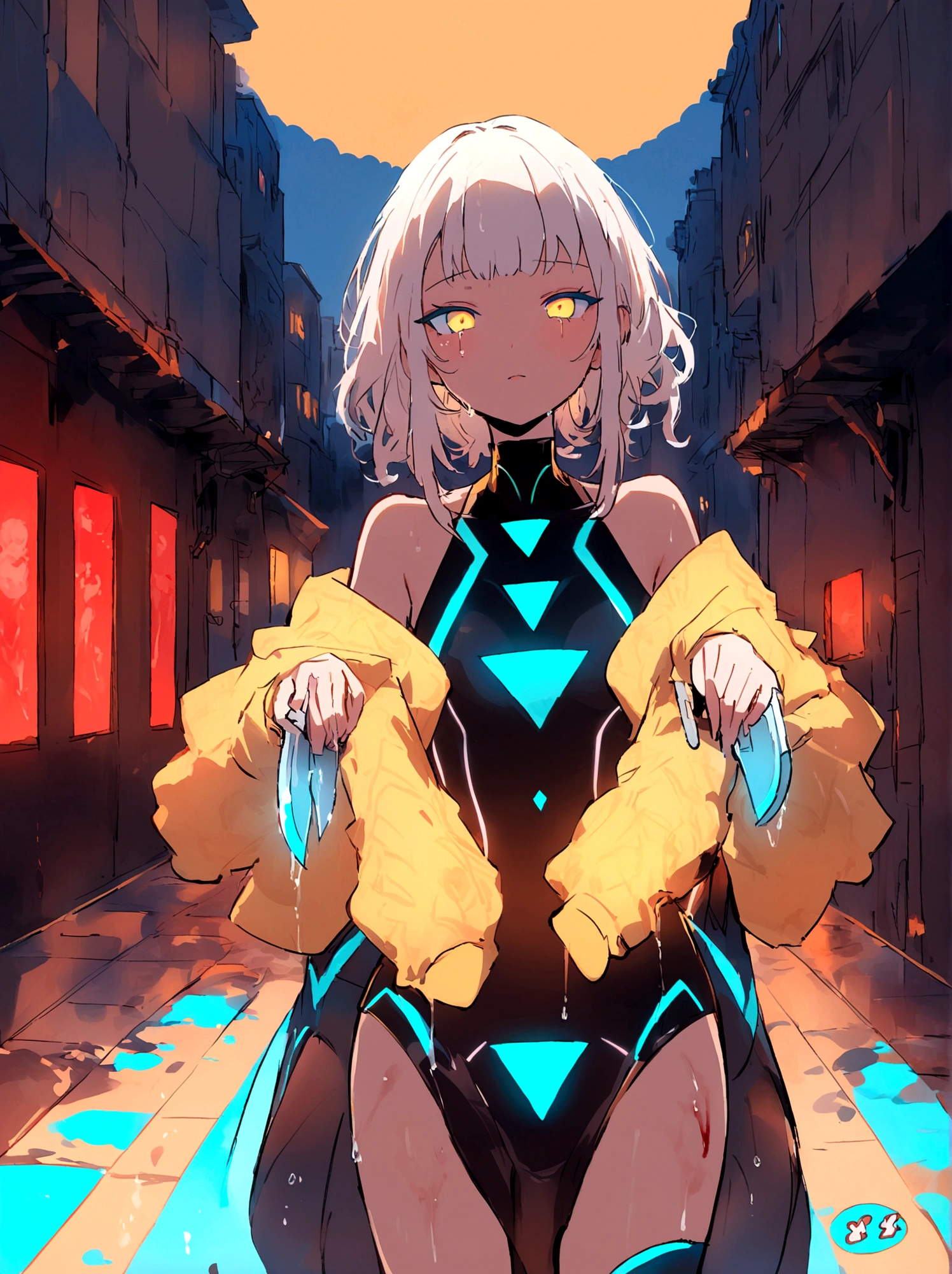work of art, best qualityer, gazing at viewer, front viewer, naked legs, 1 girl, standing alone, trunk, 弓, seraphim, disgusted face, night time, chuva pesada, plein-air, citys, top cut, へそ, wetclothes, soggy, excessively long sleeves, hands in sleeves, Blood tears, blood marks, dark alley, blood splattered on the floor, bright red light, glare eyes, Depth of field,holding a knife,Red Sky, atmofer,perfect hands