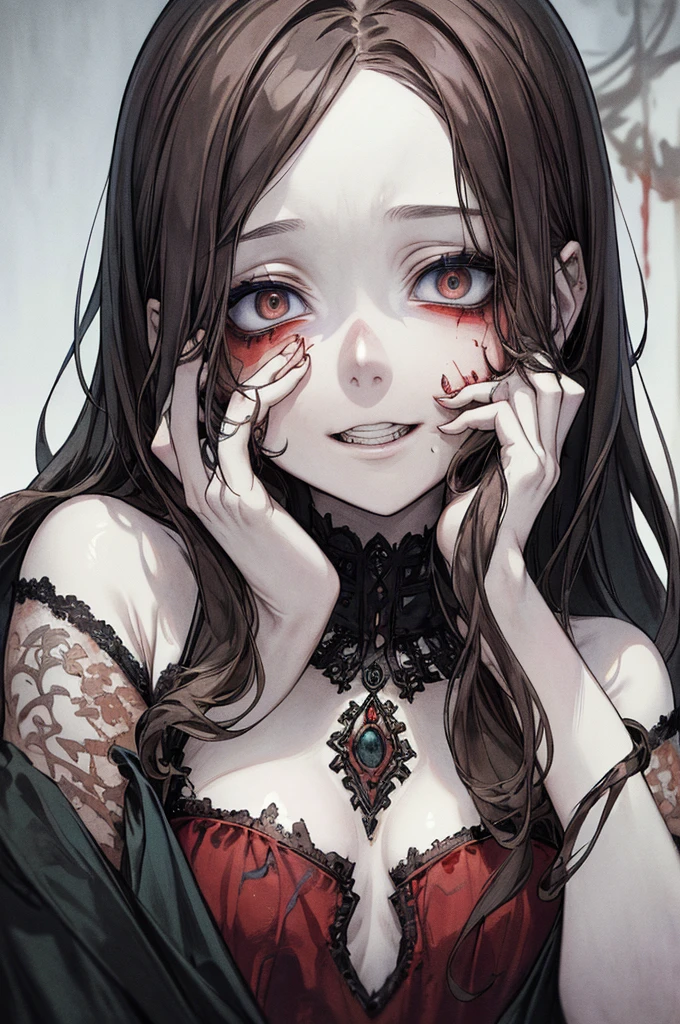 (masterpiece:1.2, Highest quality), (Actual Photos, Intricate details), (1 female, alone, Upper Body, Small breasts) ,With eyes wide open、Scary atmosphere、Distorted facial expressions、Twisted smile、Bleeding from the head、Blood splatter、whole body、Punk Fashion、Long Hair、Long bangessy hair、Black Hair、(((Dark circles under the eyes)))、Pale skin、Feeling unwell、Pathological、Wicked Smile、Crazy Eyes、(Grin)Dramatic makeup,Create mixed media art、White Background