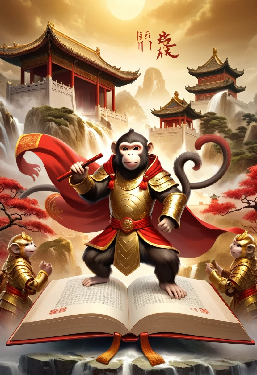 A three-dimensional book, open book with Chinese writing, In ancient Chinese mythology, A monkey wears a golden armor and a red cloak stood on a book, He has a brush in his hand,The background is ancient Chinese war scenes, A grand war scene, A rich picture, Somany details, full length shot, fantasy.colorful, stylish, complex, hyper-detailed, concept art, full body. twinklingand dazzling and sparkling, dynamicangle,traditional animation, flowing draperies