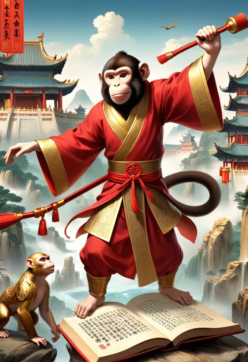 A three-dimensional book, open book with Chinese writing, In ancient Chinese mythology, A monkey wears a golden armor and a red cloak stood on a book, He has a brush in his hand,The background is ancient Chinese war scenes, A grand war scene, A rich picture, Somany details, full length shot, fantasy.colorful, stylish, complex, hyper-detailed, concept art, full body. twinklingand dazzling and sparkling, dynamicangle,traditional animation, flowing draperies