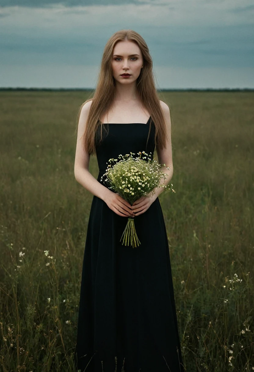 pale skin, ((evil slavic woman)), long dark blond hair, A beautiful award winning full length portrait of a dusky maiden wearing a chic black dress,she is outdoors,holding a dainty bouquet of precisely arranged wild flowers,minimalistic composition,very dramatic lighting,in the style of wes anderson,hints of david lynch,rule of thirds,portrait lens,magical mood,Black and color,