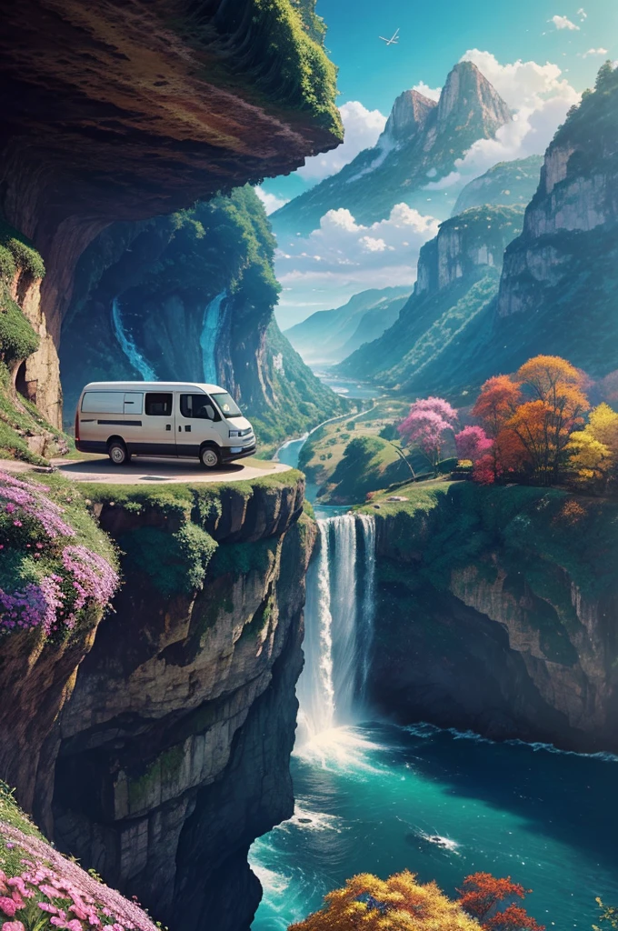 a close up of a van on a cliff with a waterfall, lofi art, lofi artstyle, lofi album art, makoto shinkai cyril rolando, lofi, chillhop, cyril rolando and goro fujita, lofi feel, kilian eng and thomas kinkade, inspired by Cyril Rolando, beautiful detailed pixel art