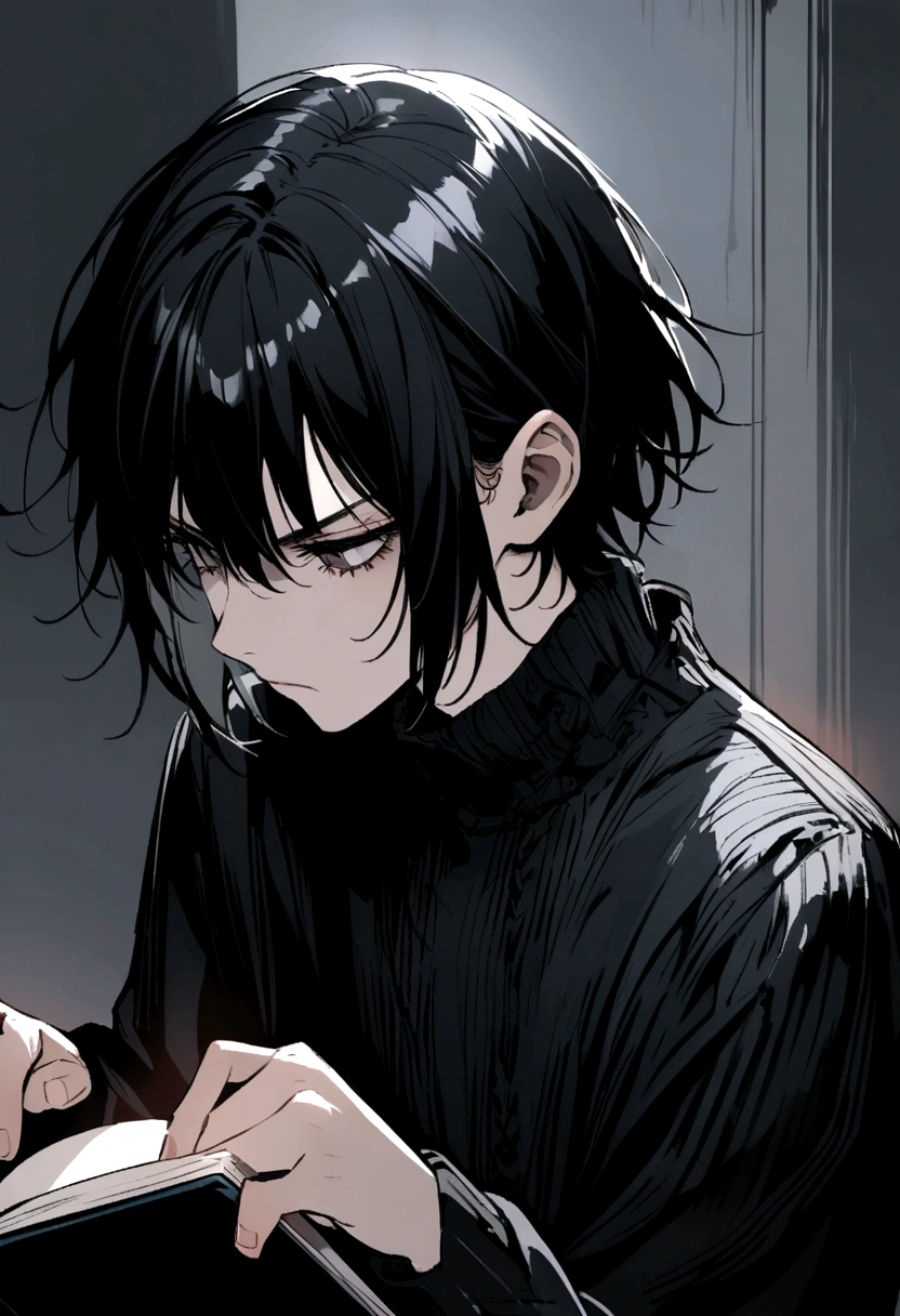 , long black hair, emo, serious and melancholic, reading a book